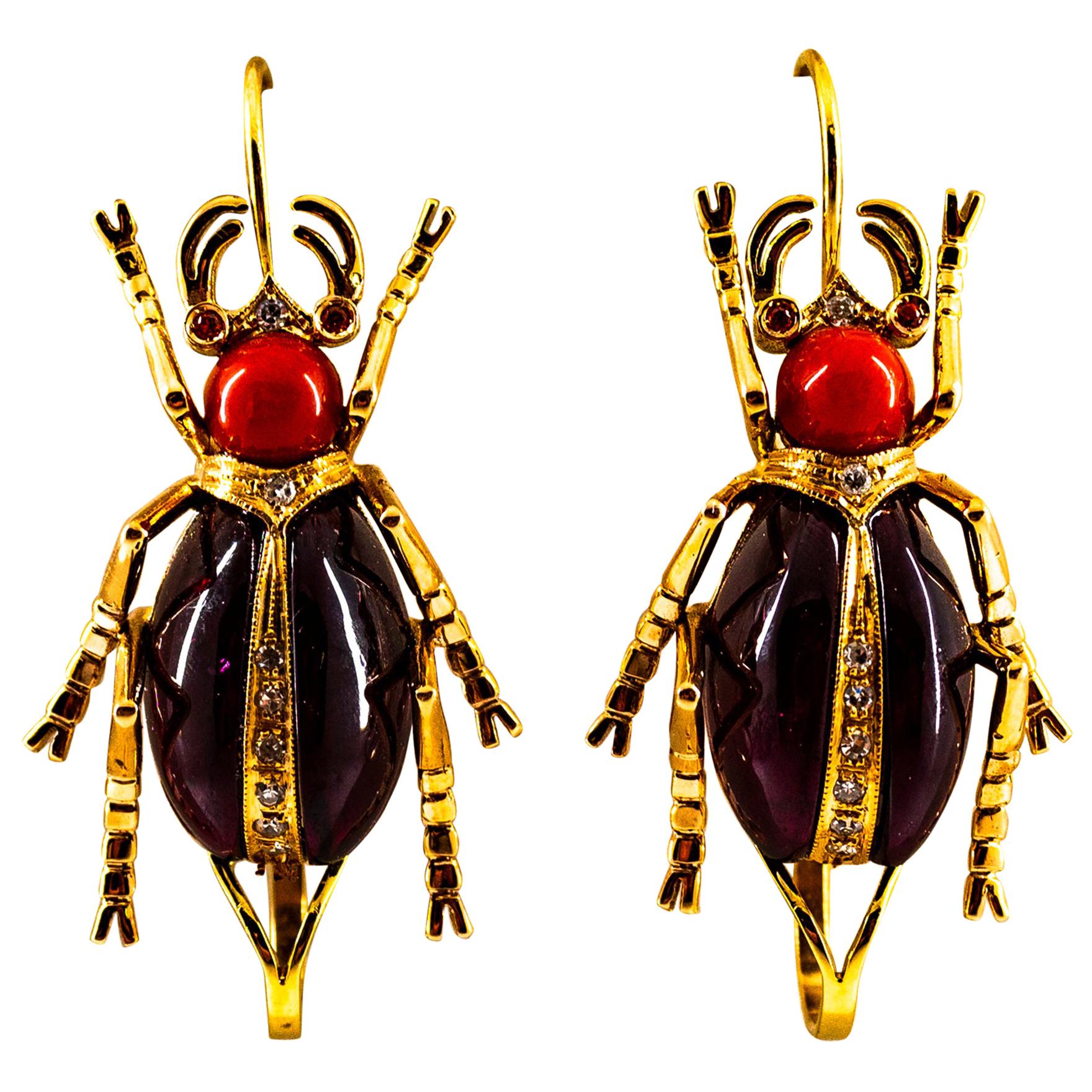 Art Nouveau White Diamond Coral Ruby Garnet Yellow Gold Lever-Back Earrings