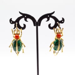 Art Nouveau White Diamond Coral Ruby Malachite Yellow Gold Lever-Back Earrings