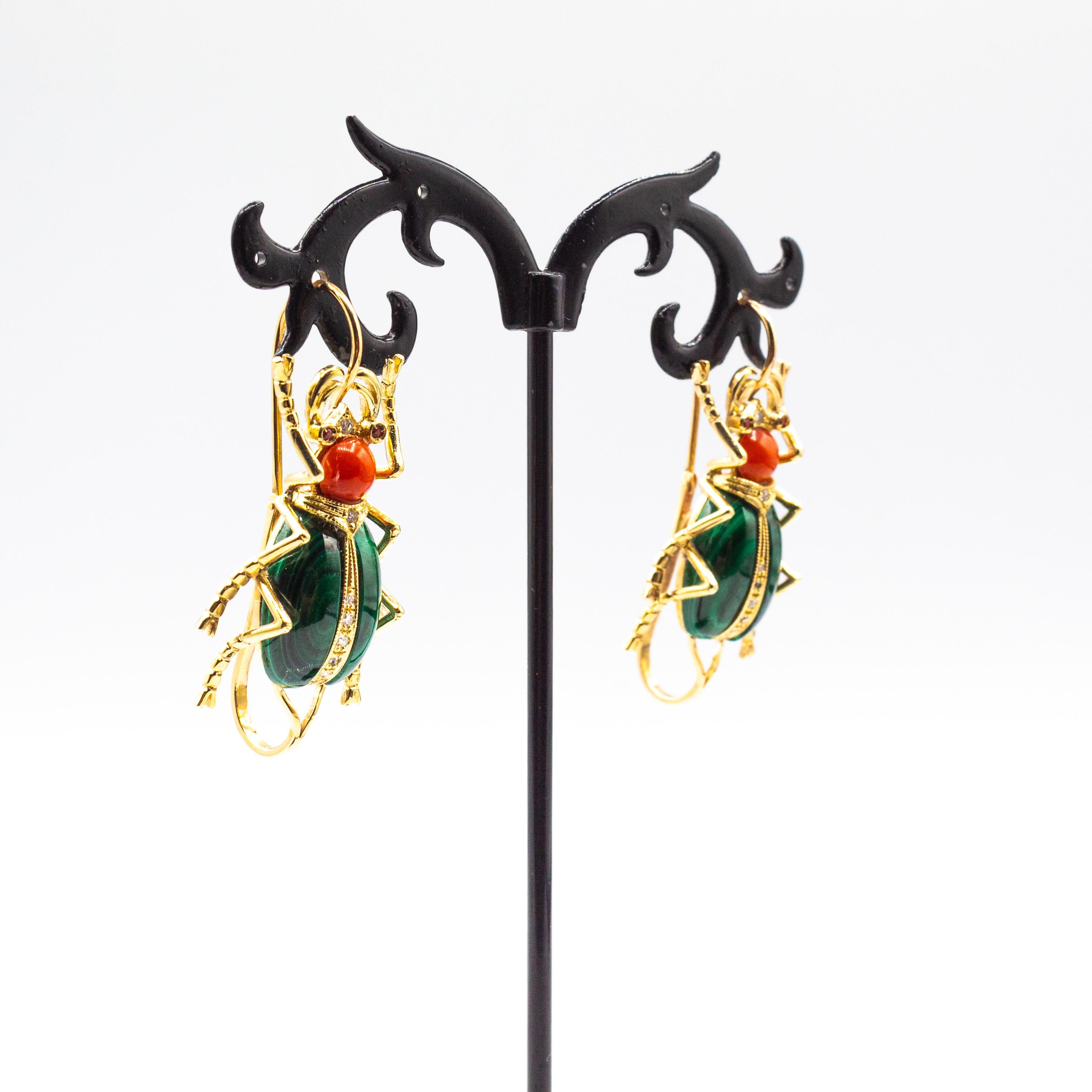 Brilliant Cut Art Nouveau White Diamond Coral Ruby Malachite Yellow Gold Lever-Back Earrings For Sale