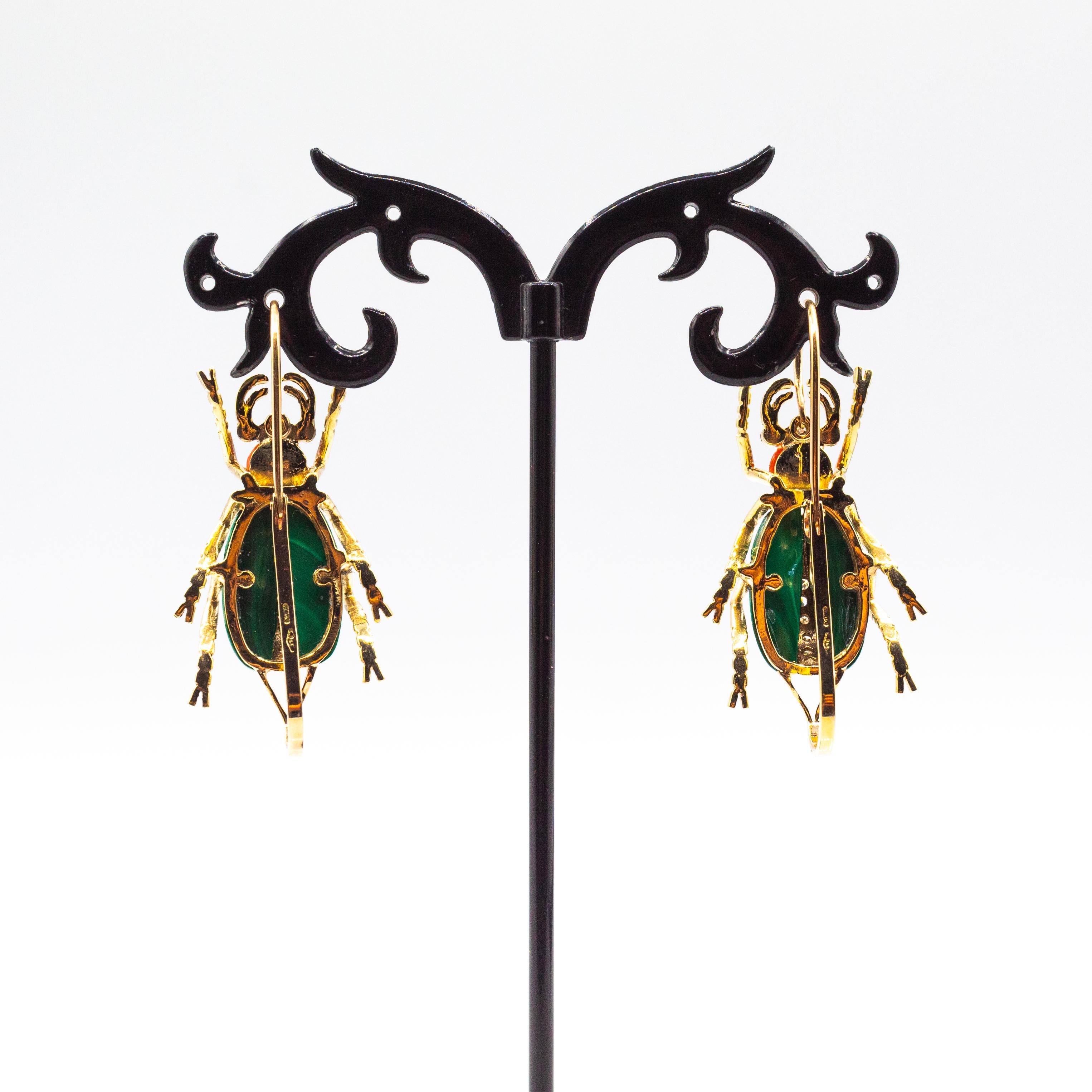 Art Nouveau White Diamond Coral Ruby Malachite Yellow Gold Lever-Back Earrings In New Condition For Sale In Naples, IT