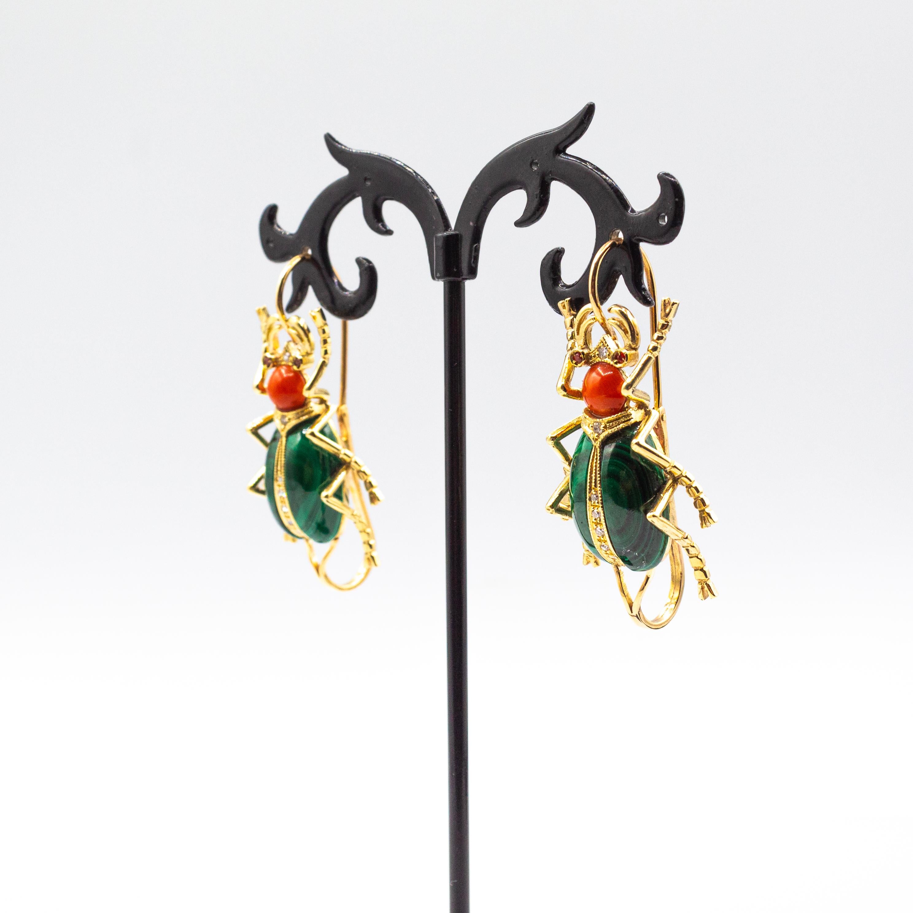 Women's or Men's Art Nouveau White Diamond Coral Ruby Malachite Yellow Gold Lever-Back Earrings For Sale