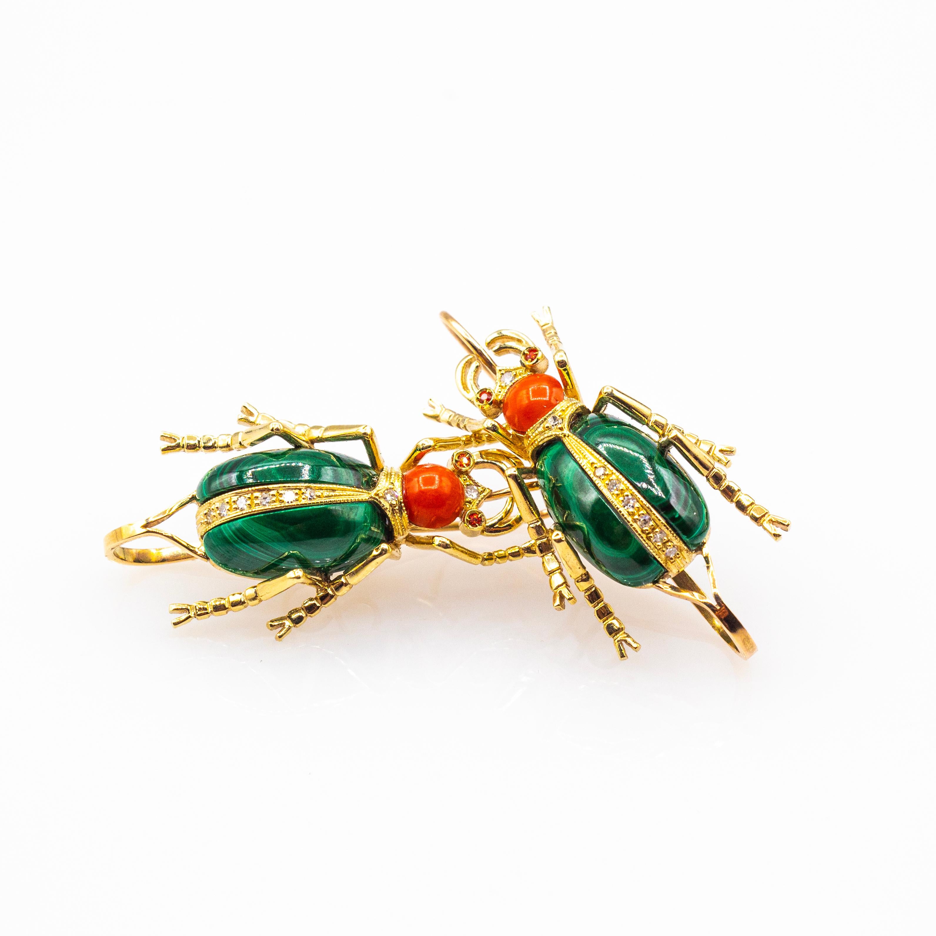 Art Nouveau White Diamond Coral Ruby Malachite Yellow Gold Lever-Back Earrings For Sale 1