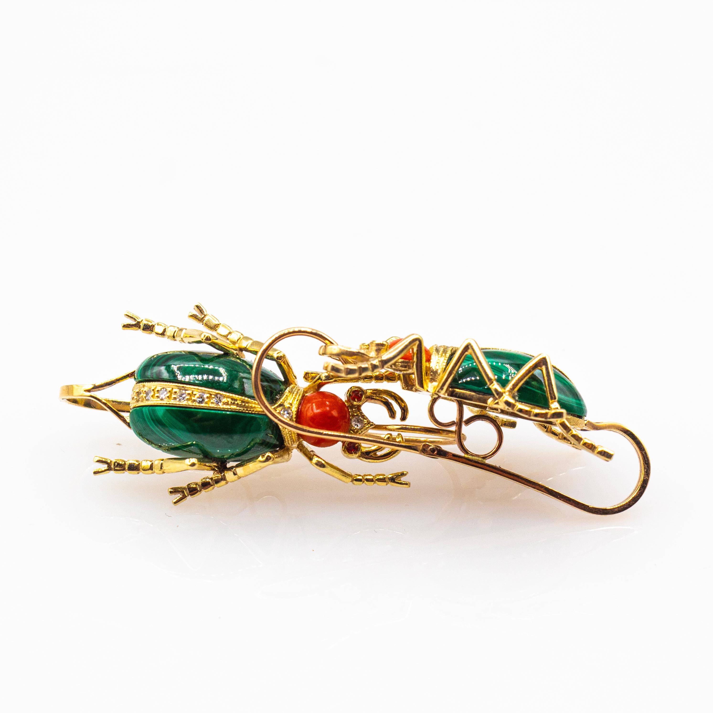 Art Nouveau White Diamond Coral Ruby Malachite Yellow Gold Lever-Back Earrings For Sale 2