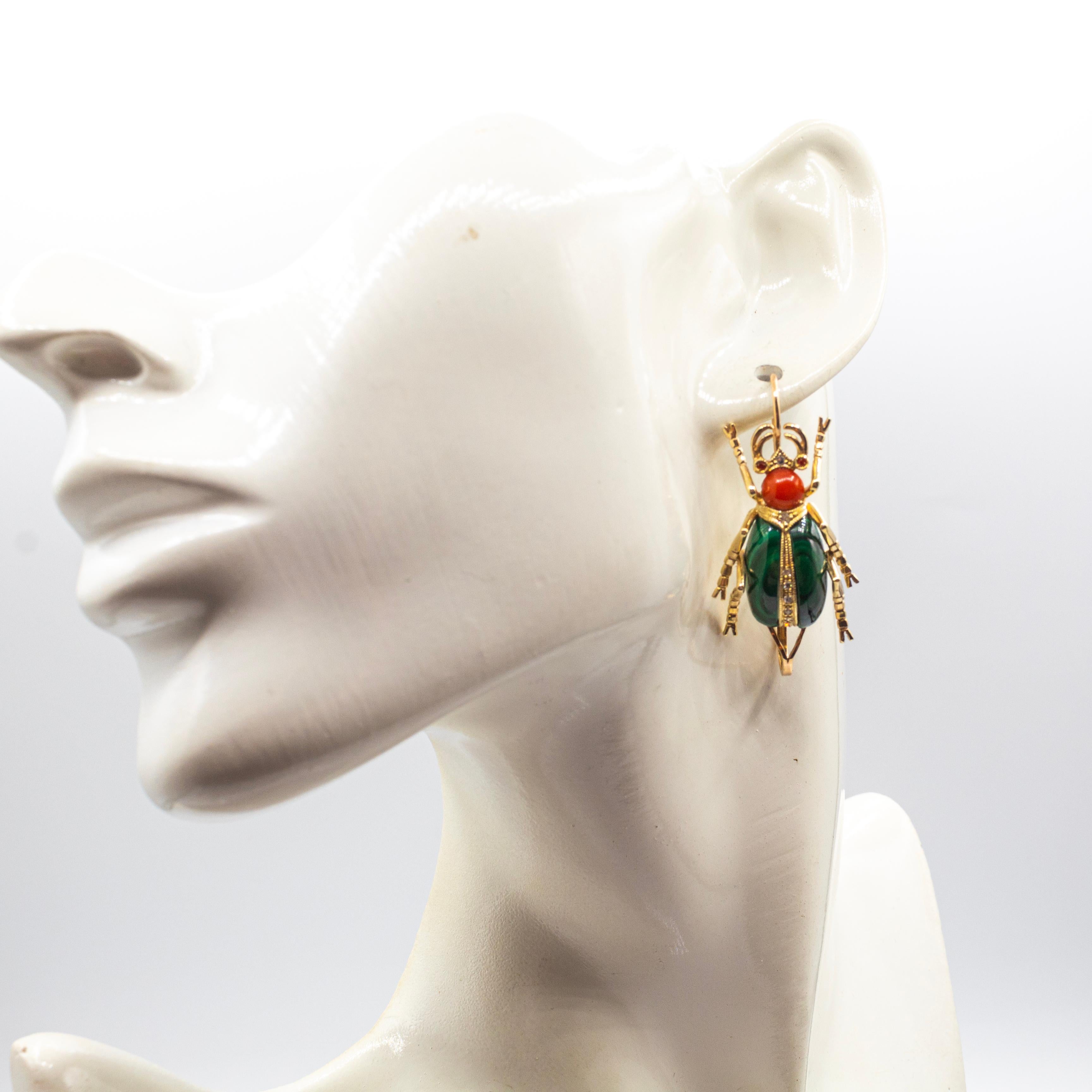 Art Nouveau White Diamond Coral Ruby Malachite Yellow Gold Lever-Back Earrings For Sale 3