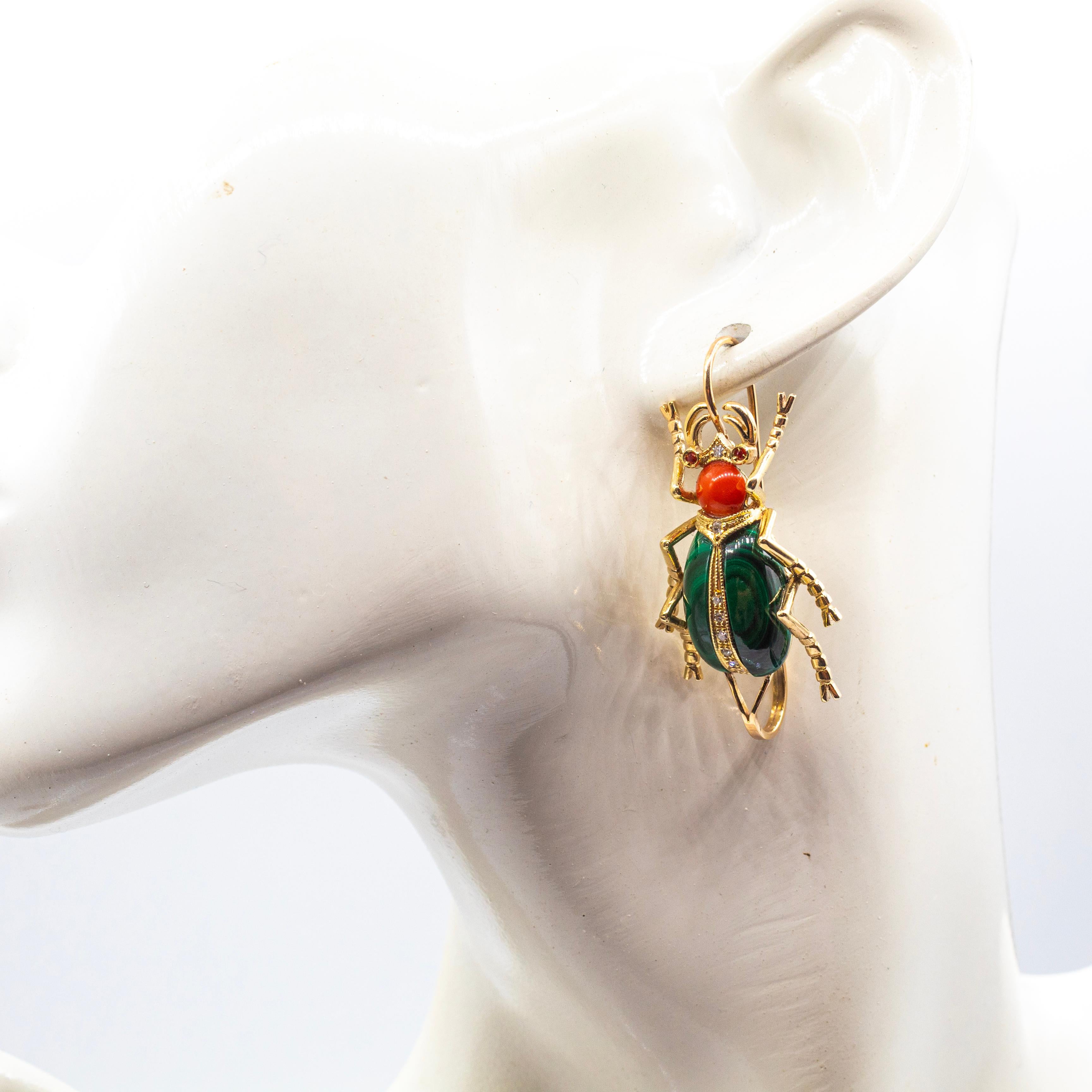 Art Nouveau White Diamond Coral Ruby Malachite Yellow Gold Lever-Back Earrings For Sale 4