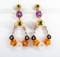 Art Nouveau White Diamond Emerald Agate Amethyst Yellow Gold Flowers Earrings