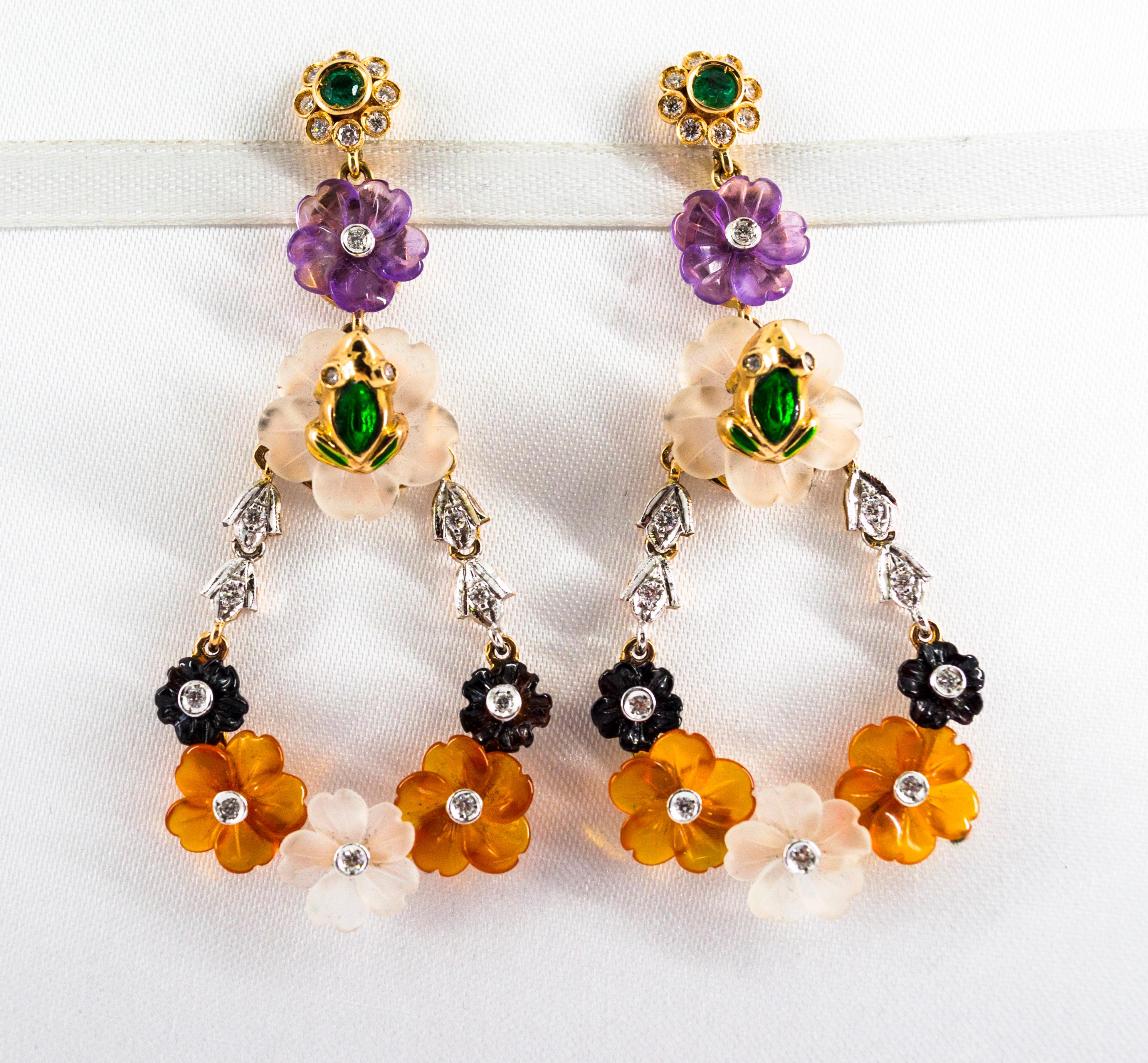 Art Nouveau White Diamond Emerald Agate Amethyst Yellow Gold Flowers Earrings In New Condition For Sale In Naples, IT
