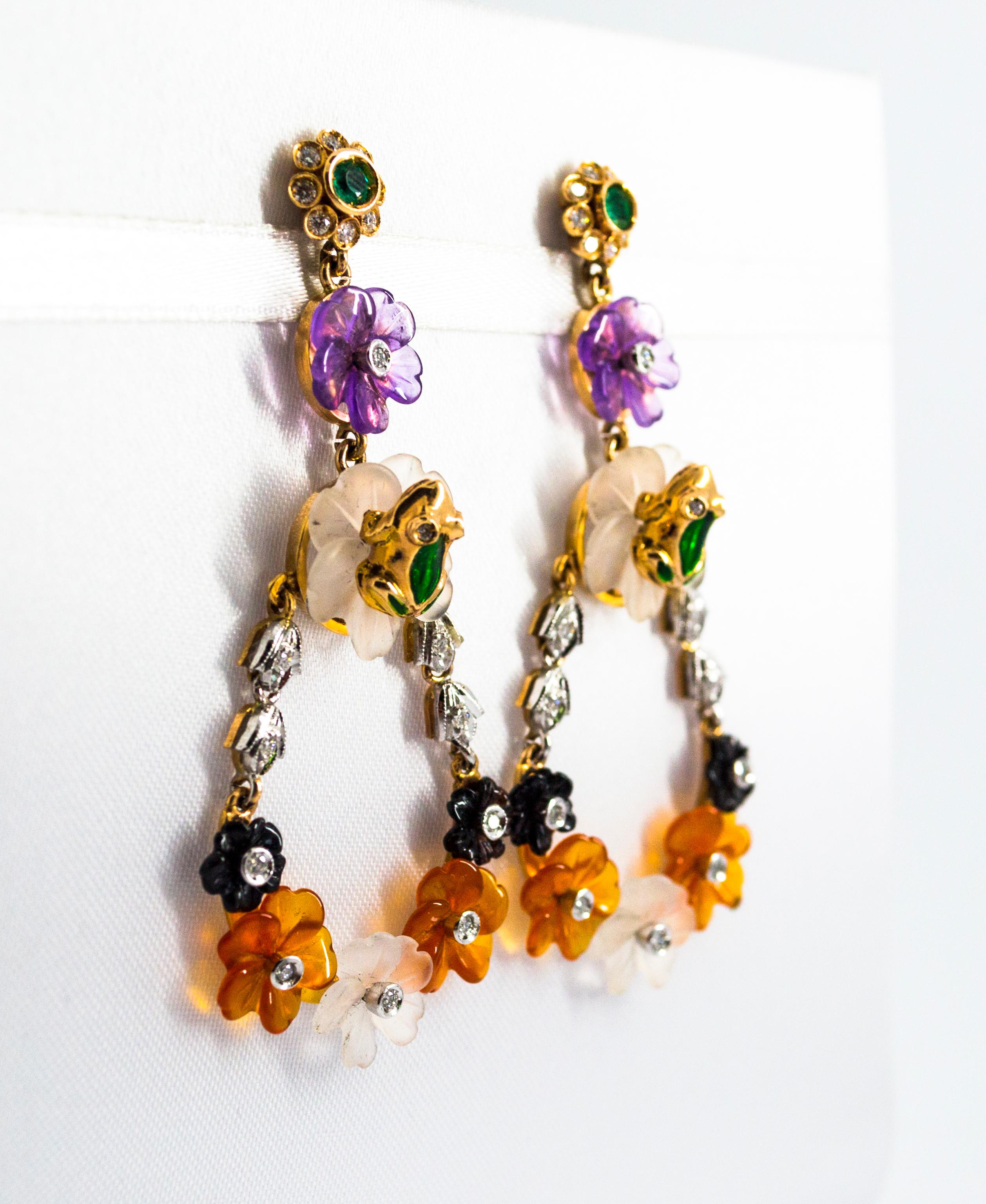 da uomo o donna Orecchini Art Nouveau con diamante bianco, smeraldo, agata, ametista e fiori in oro giallo in vendita