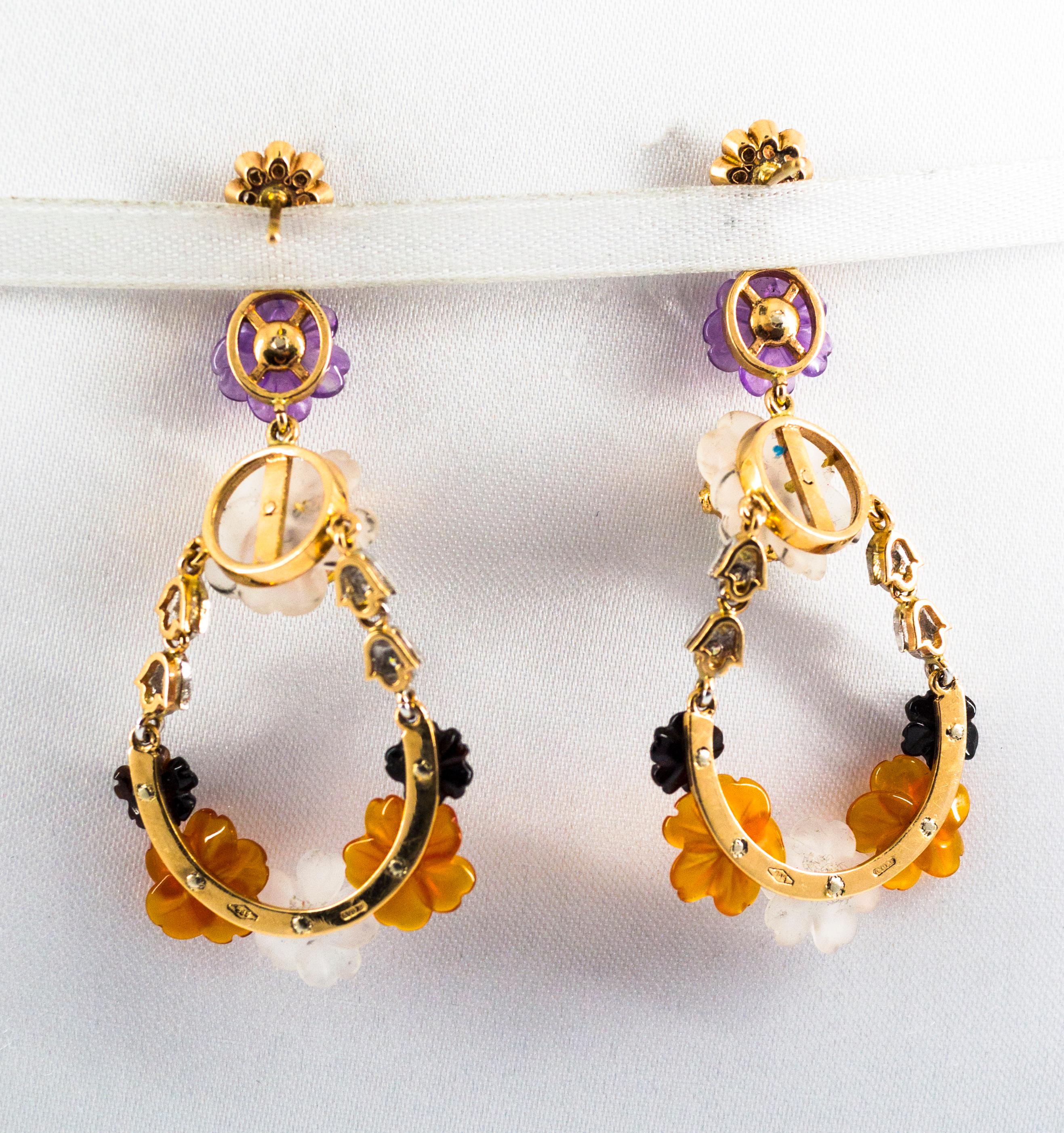 Orecchini Art Nouveau con diamante bianco, smeraldo, agata, ametista e fiori in oro giallo in vendita 4