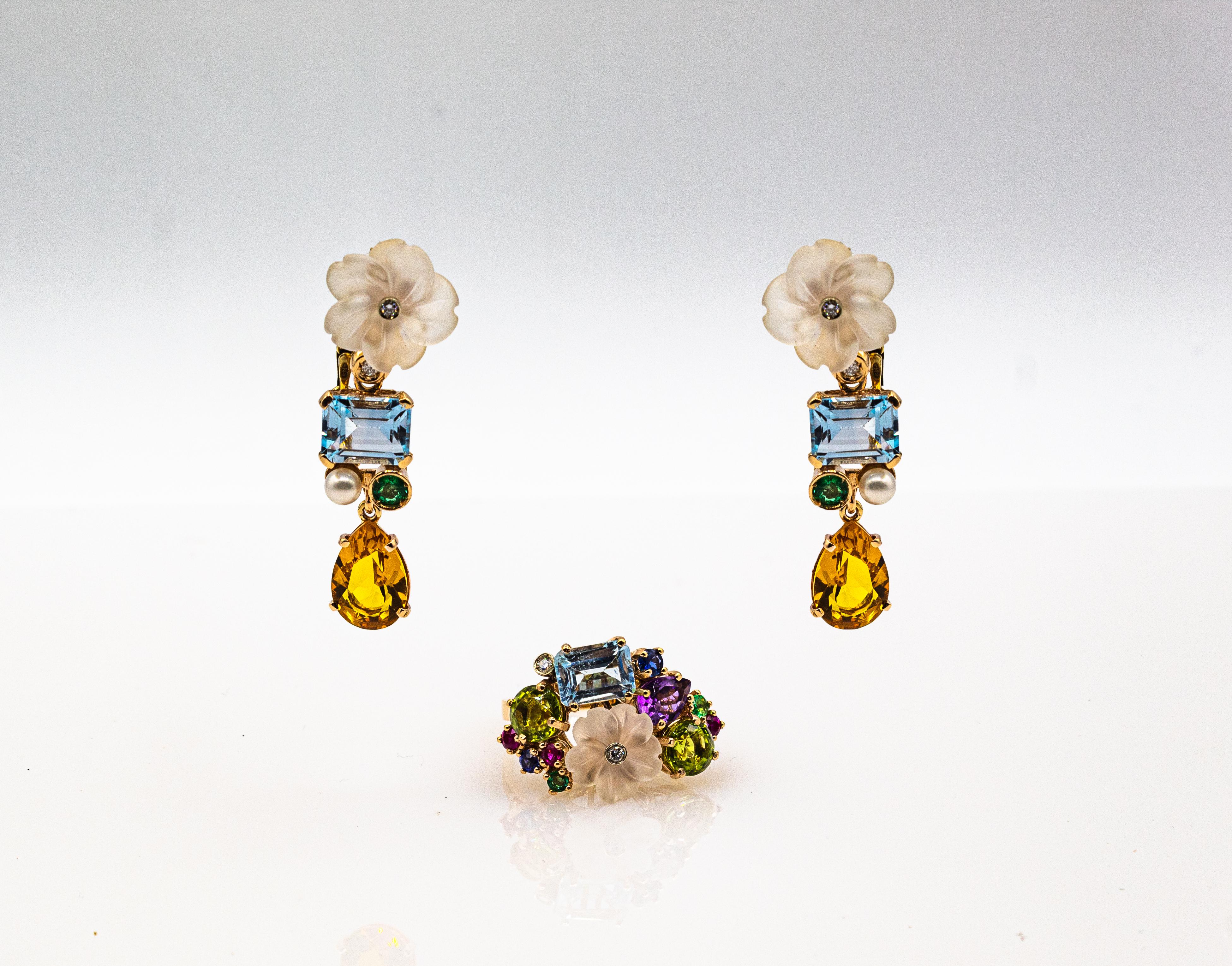 Art Nouveau White Diamond Emerald Citrine Topaz Yellow Gold Flowers Earrings 4