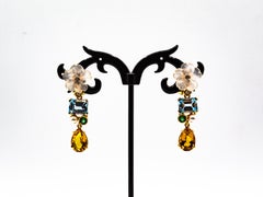 Art Nouveau White Diamond Emerald Citrine Topaz Yellow Gold Flowers Earrings