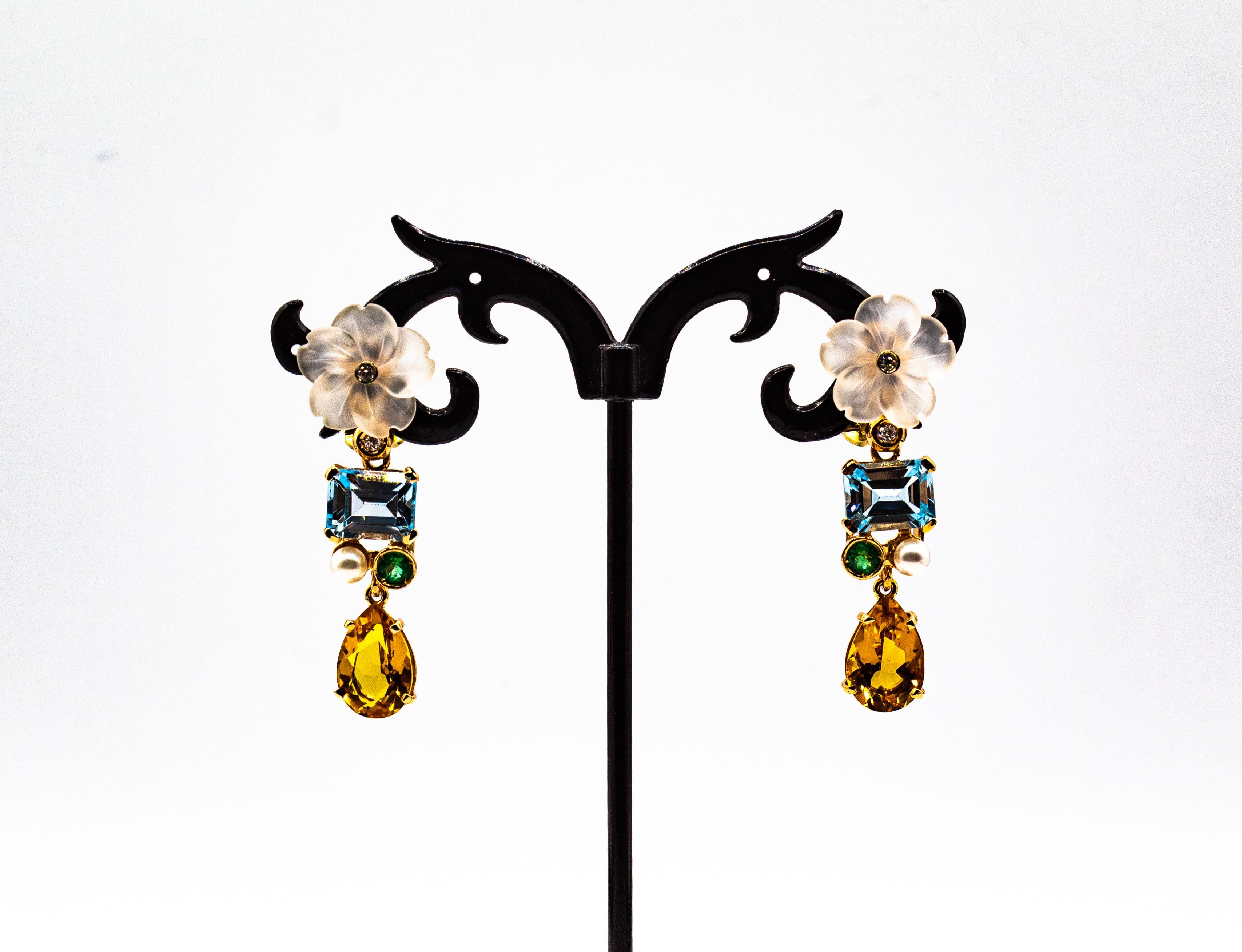 Brilliant Cut Art Nouveau White Diamond Emerald Citrine Topaz Yellow Gold Flowers Earrings For Sale