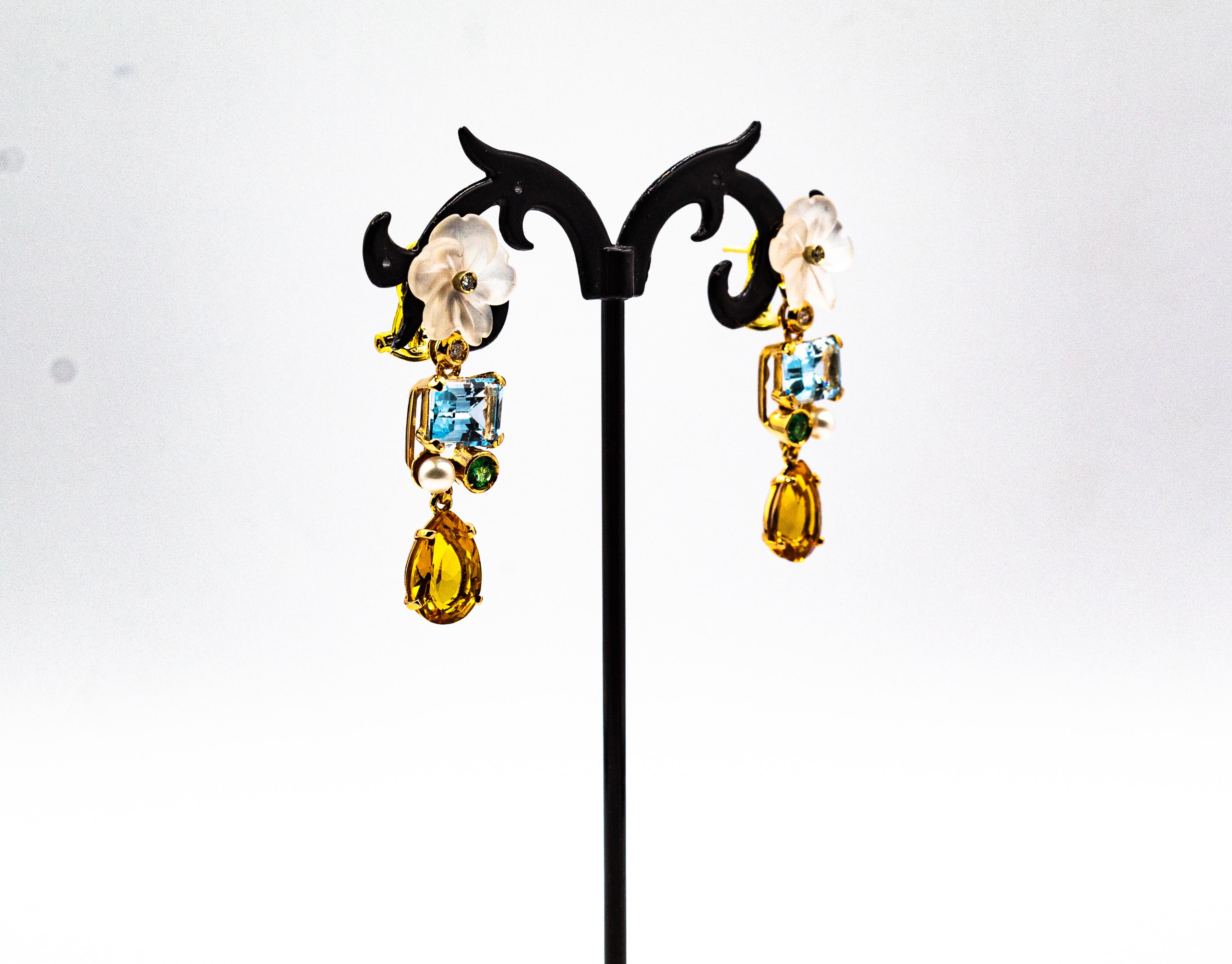 Brilliant Cut Art Nouveau White Diamond Emerald Citrine Topaz Yellow Gold Flowers Earrings