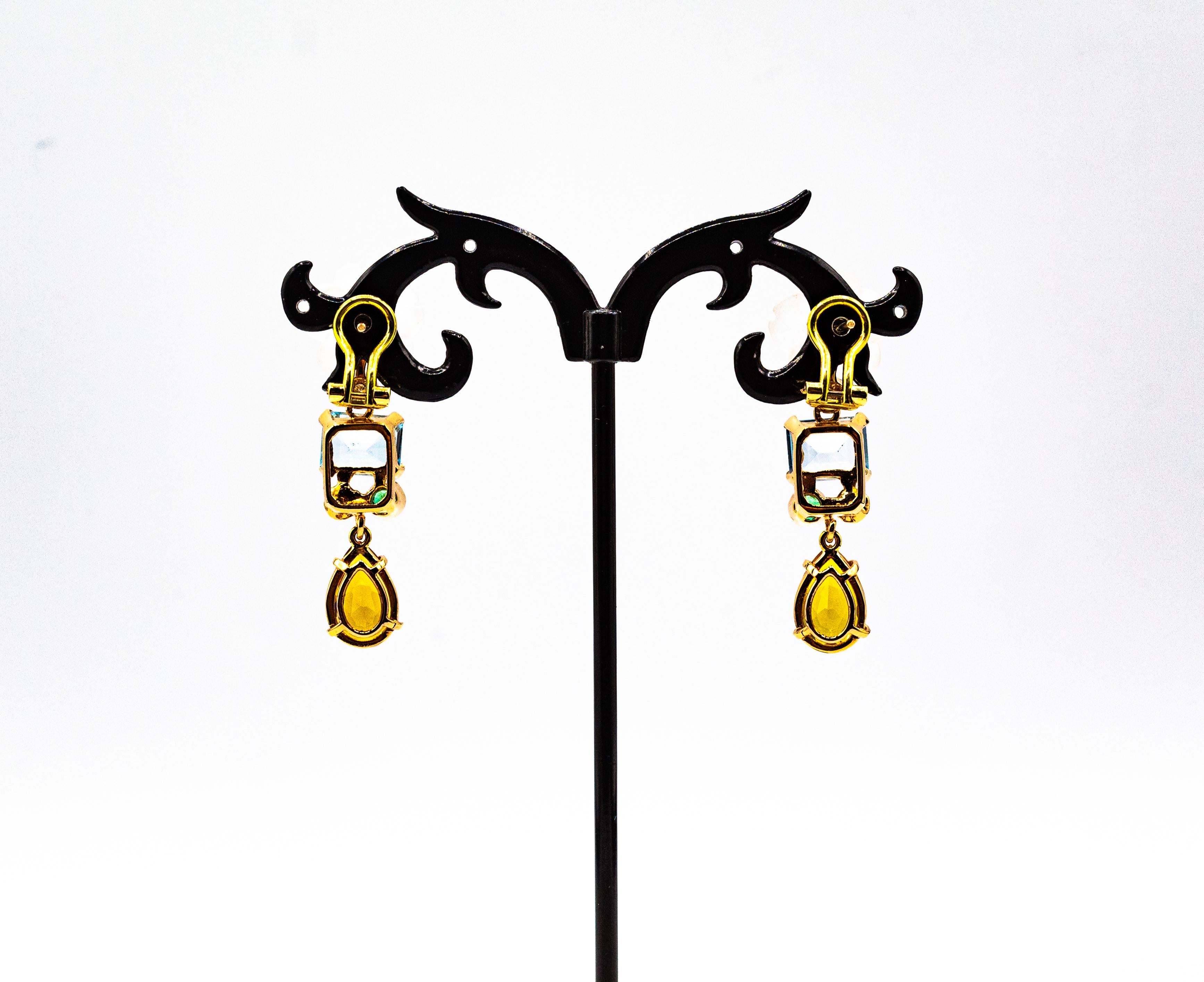 Art Nouveau White Diamond Emerald Citrine Topaz Yellow Gold Flowers Earrings In New Condition In Naples, IT