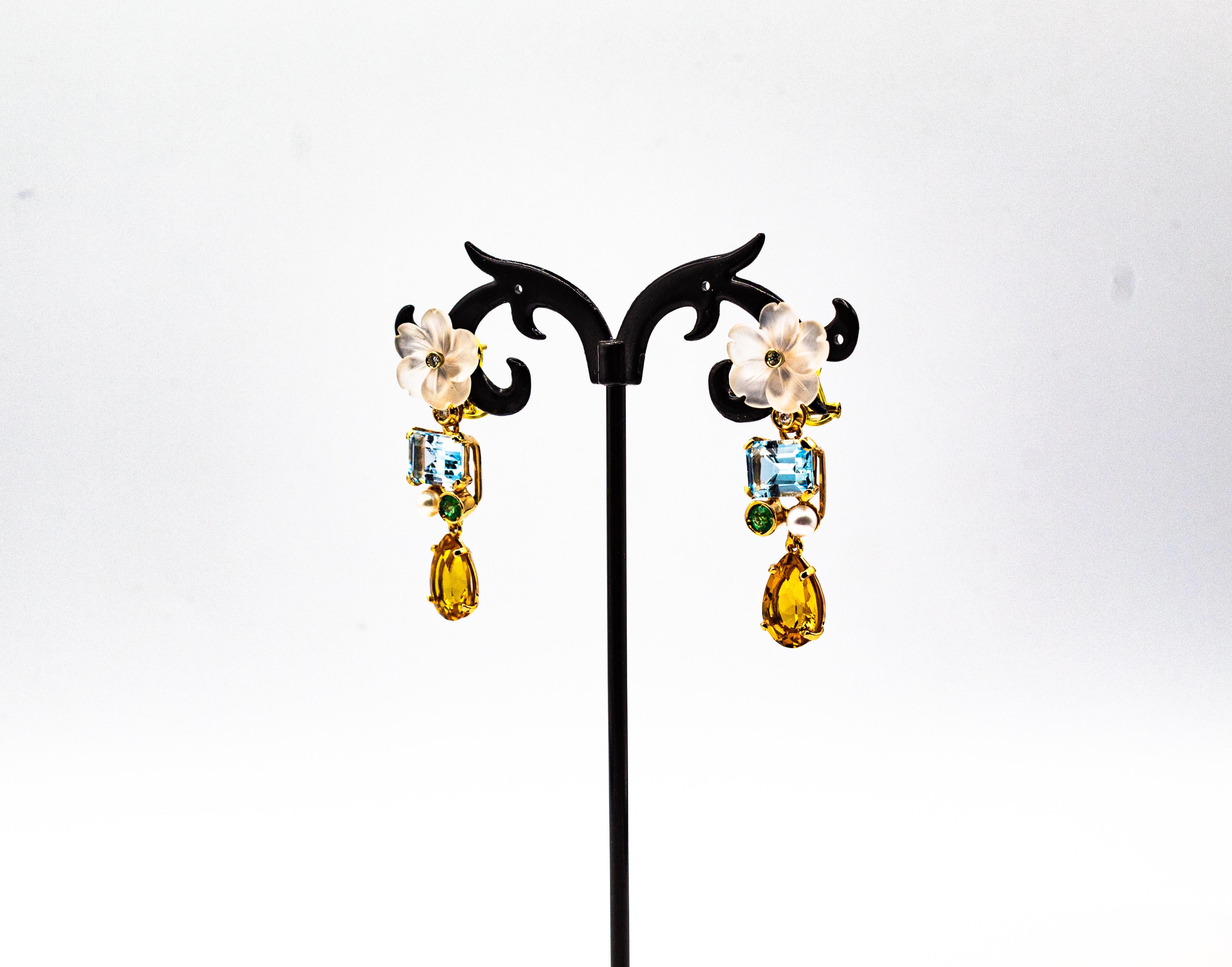 Women's or Men's Art Nouveau White Diamond Emerald Citrine Topaz Yellow Gold Flowers Earrings