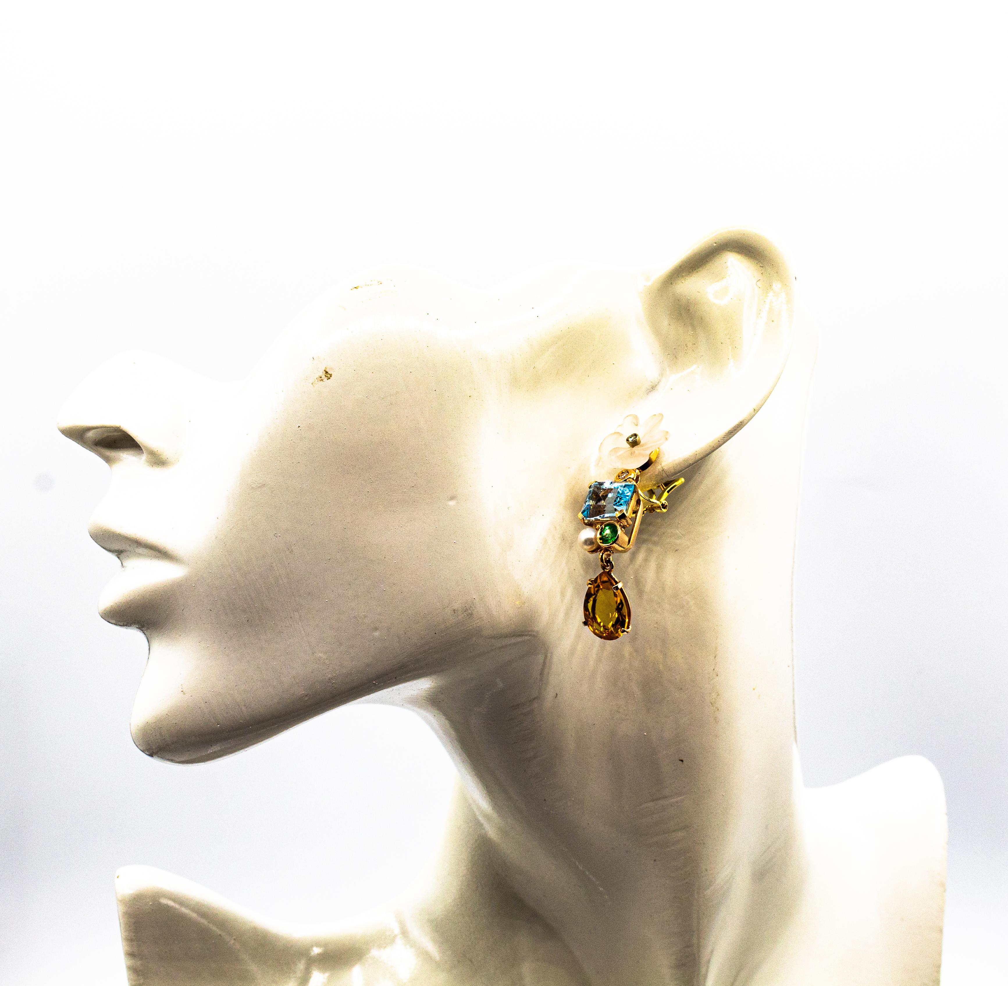 Art Nouveau White Diamond Emerald Citrine Topaz Yellow Gold Flowers Earrings 1