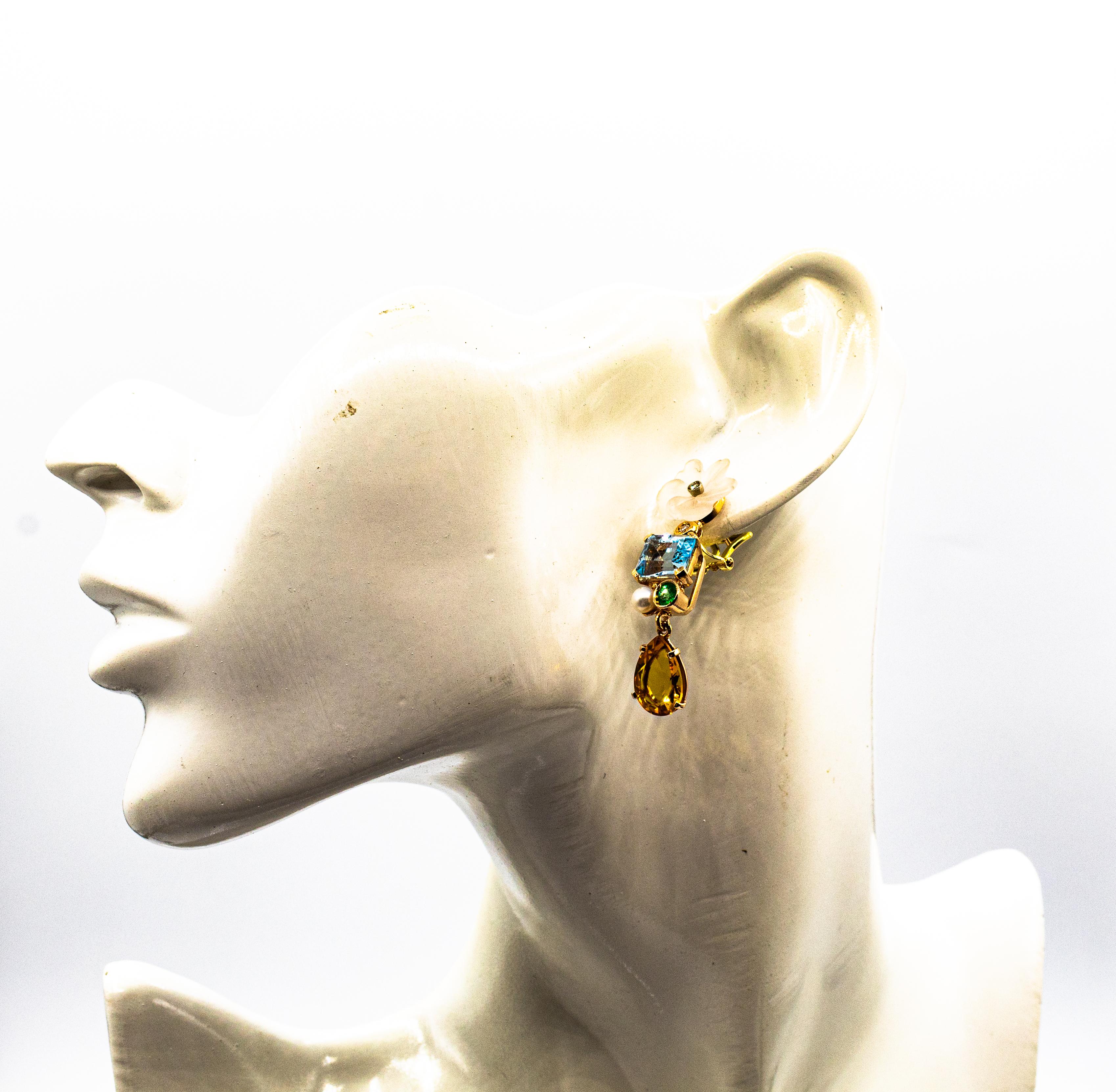 Art Nouveau White Diamond Emerald Citrine Topaz Yellow Gold Flowers Earrings 2