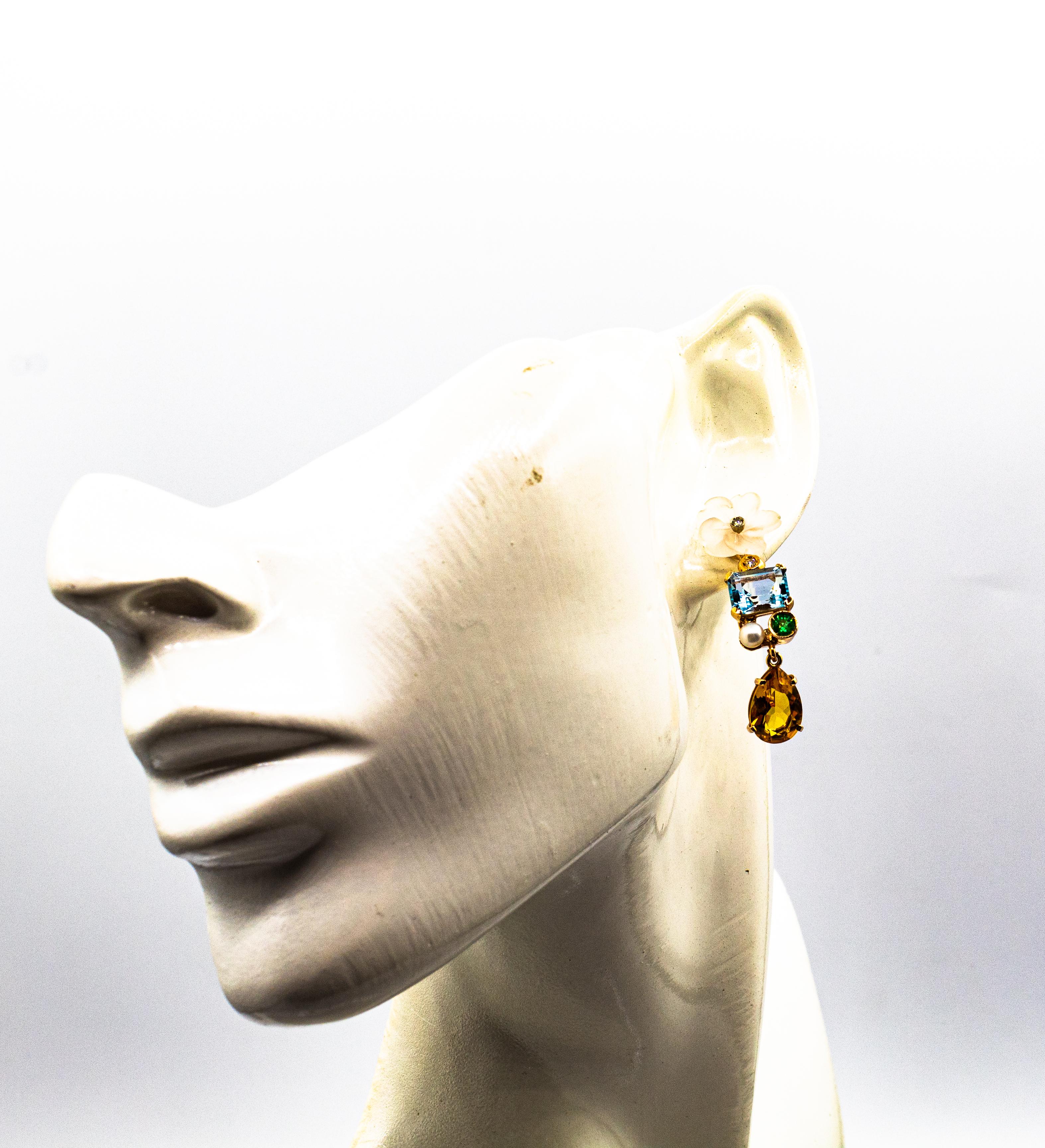 Art Nouveau White Diamond Emerald Citrine Topaz Yellow Gold Flowers Earrings 3