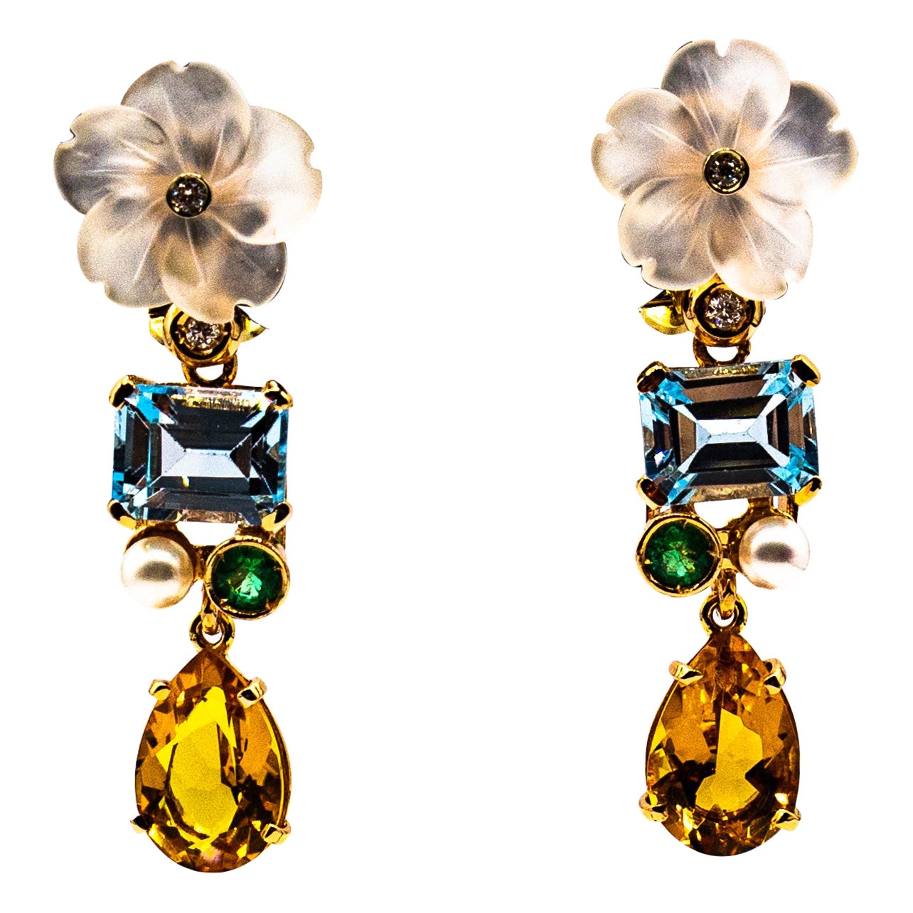 Boucles d'oreilles Art Nouveau fleurs en or jaune, diamant blanc, émeraude, citrine et topaze en vente