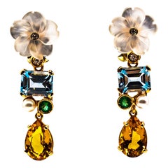 Boucles d'oreilles Art Nouveau fleurs en or jaune, diamant blanc, émeraude, citrine et topaze