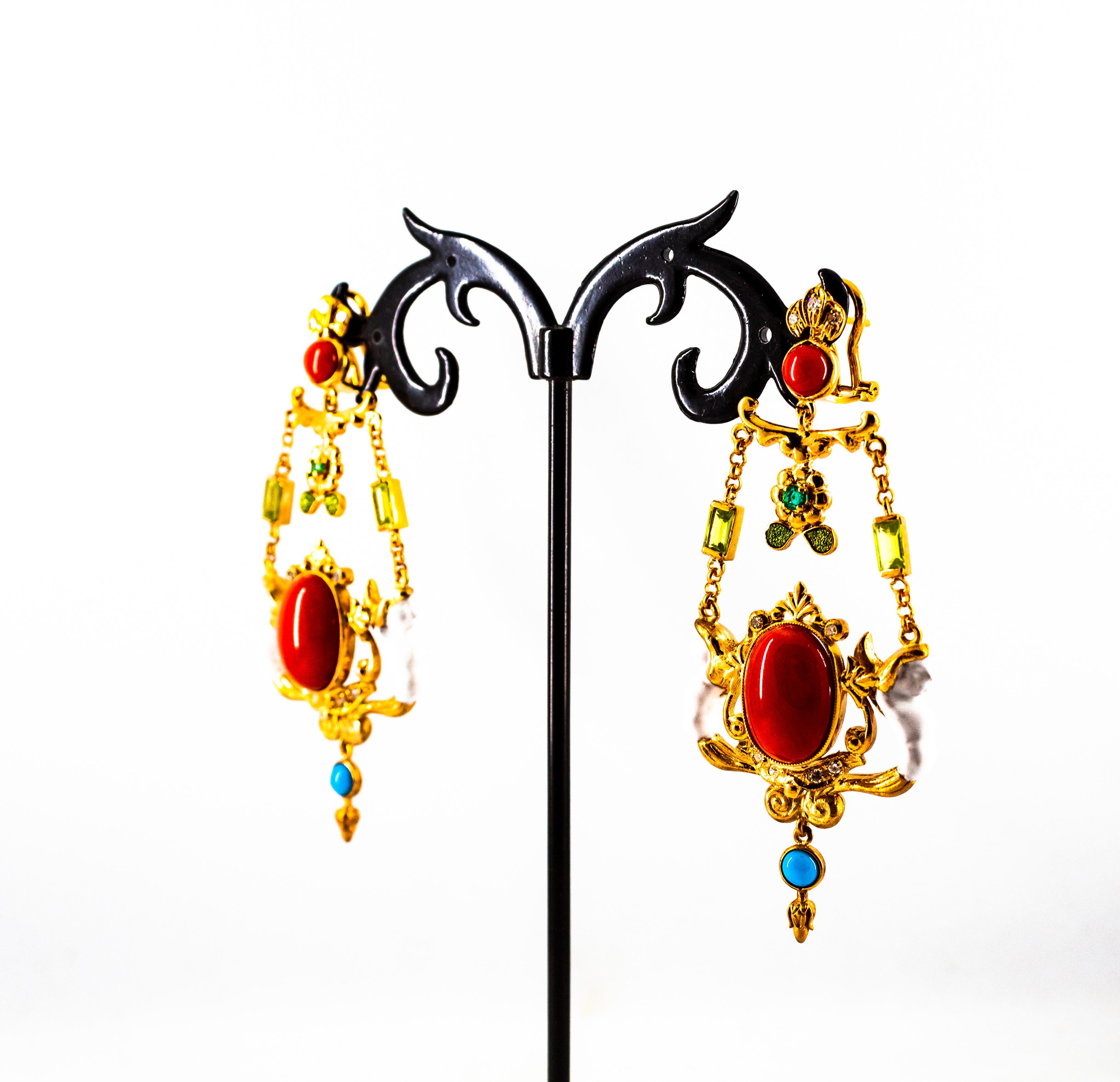 Art Nouveau White Diamond Emerald Coral Turquoise Yellow Gold Clip-On Earrings For Sale 5