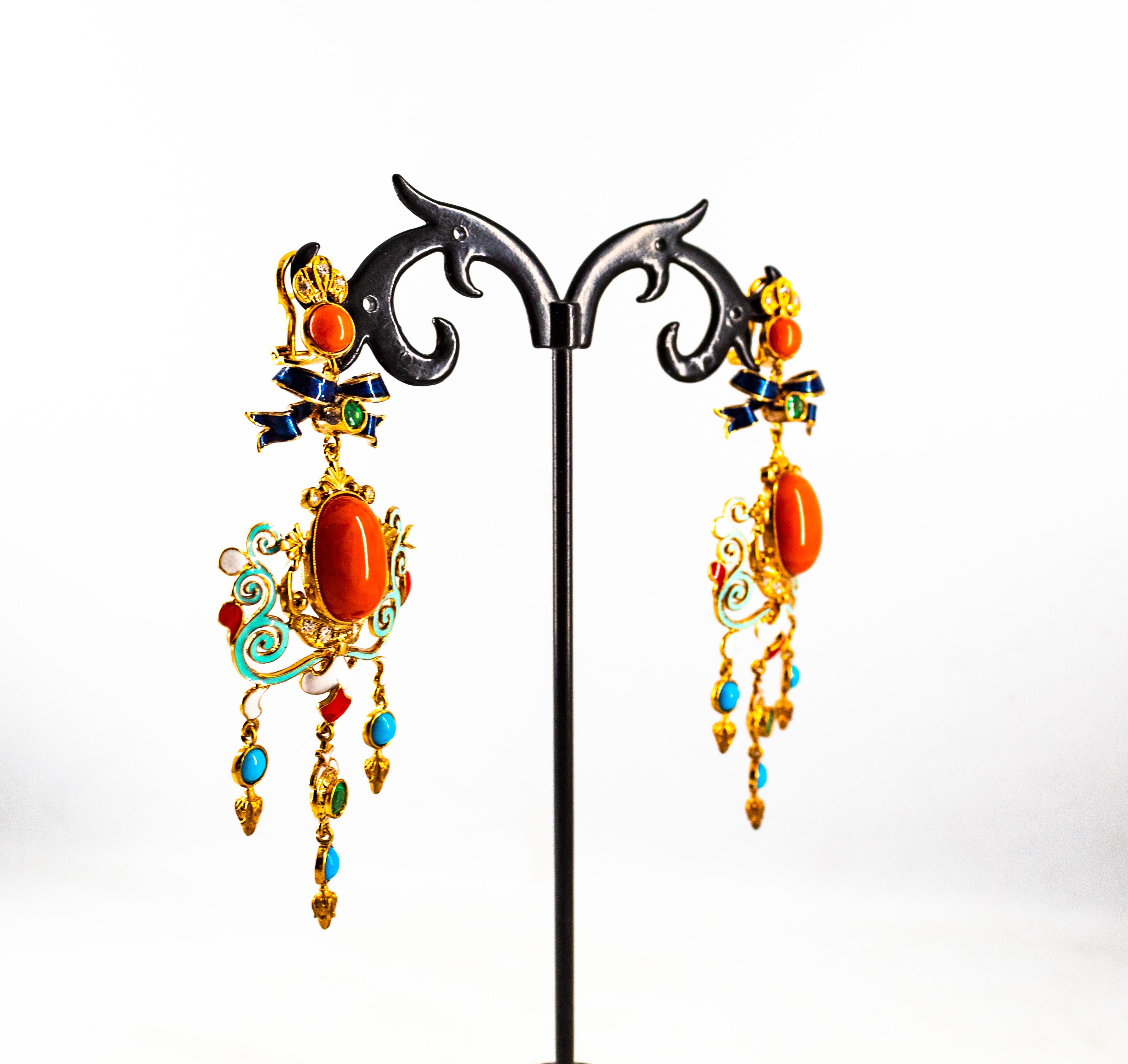 Art Nouveau White Diamond Emerald Coral Turquoise Yellow Gold Clip-On Earrings For Sale 6