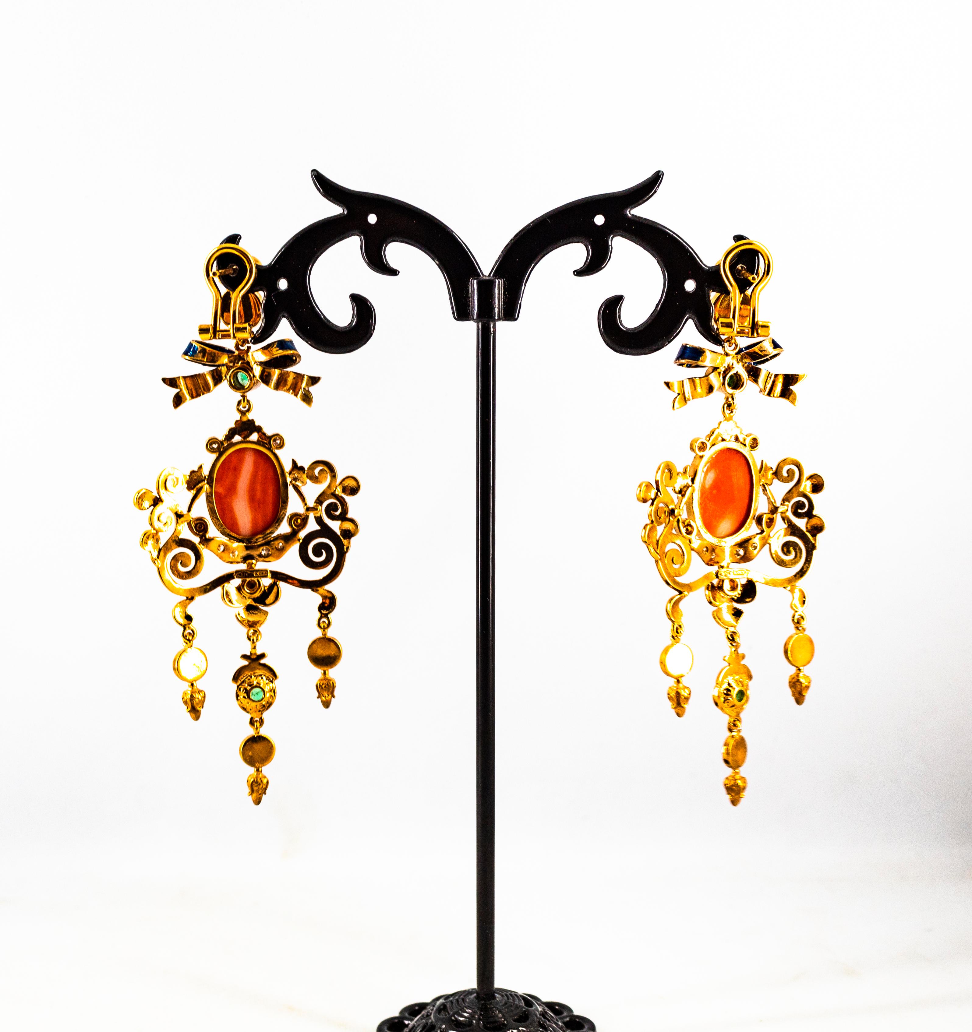 Art Nouveau White Diamond Emerald Coral Turquoise Yellow Gold Clip-On Earrings For Sale 7