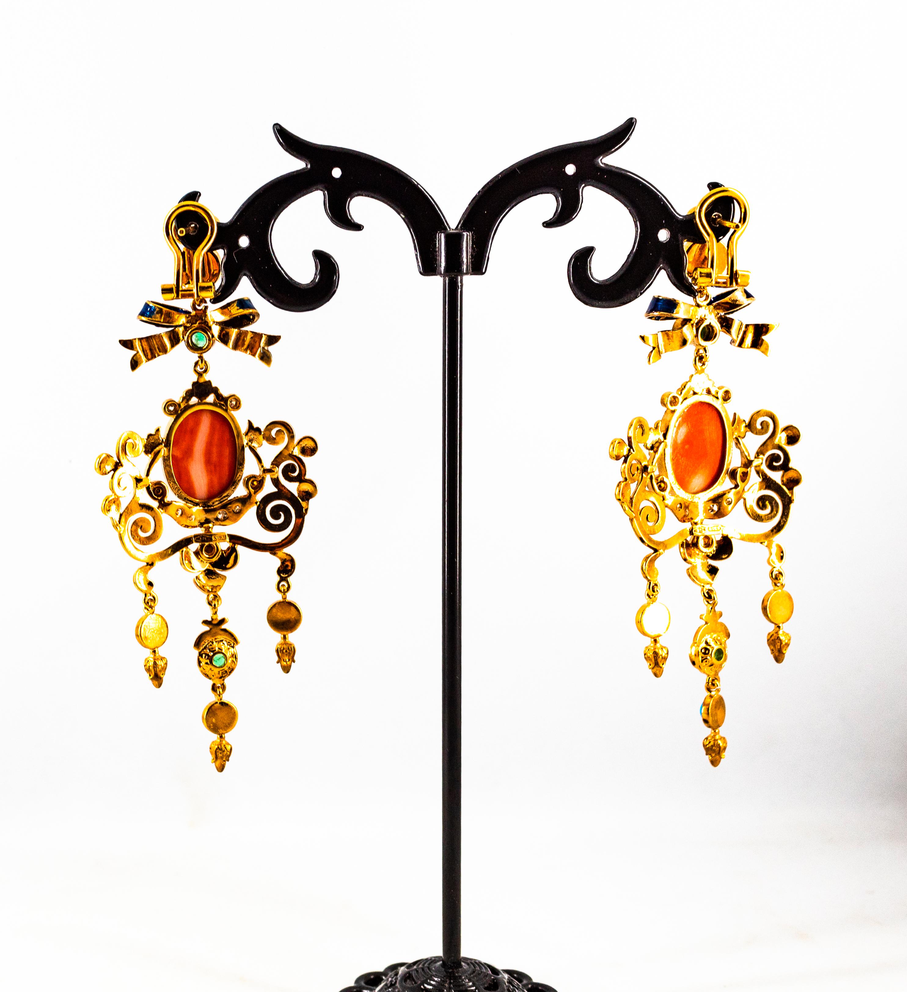 Art Nouveau White Diamond Emerald Coral Turquoise Yellow Gold Clip-On Earrings For Sale 8