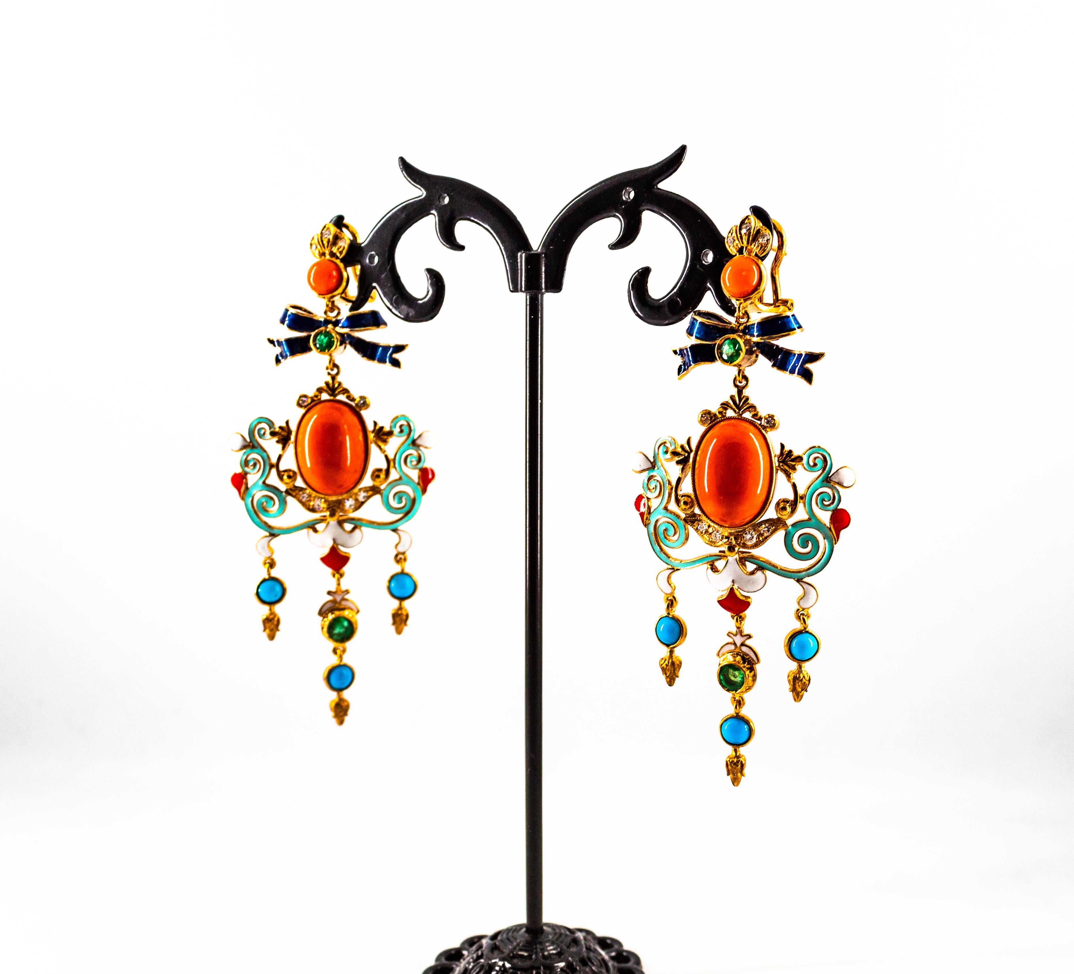 Art Nouveau White Diamond Emerald Coral Turquoise Yellow Gold Clip-On Earrings For Sale 9