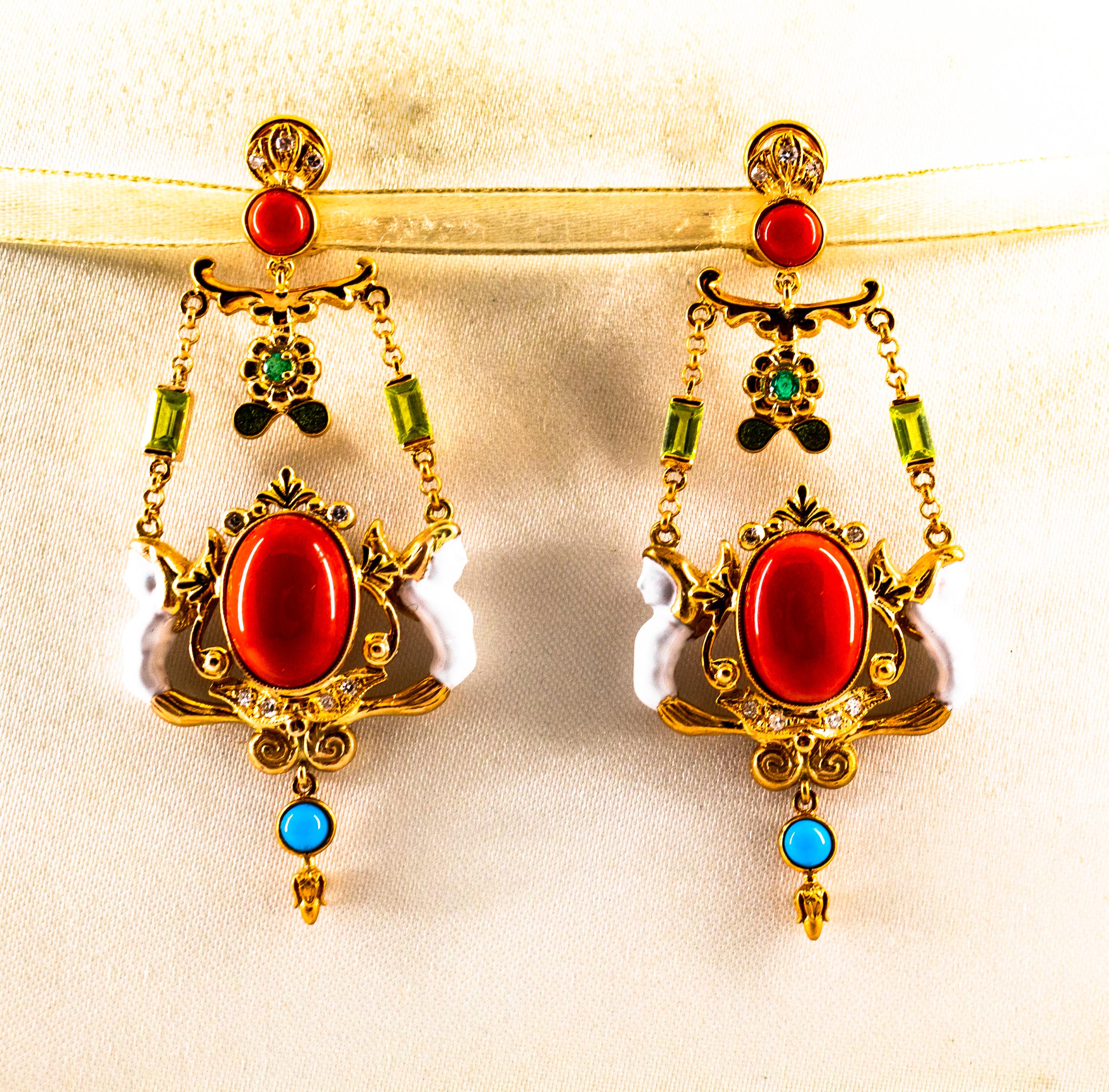 These Earrings are made of 9K Yellow Gold.
These Earrings have  0.30 Carats of White Modern Round Cut Diamonds.
These Earrings have 0.10 Carats of Emeralds.
These Earrings have 0.40 Carats of Peridots.
These Earrings have Mediterranean (Sardinia,