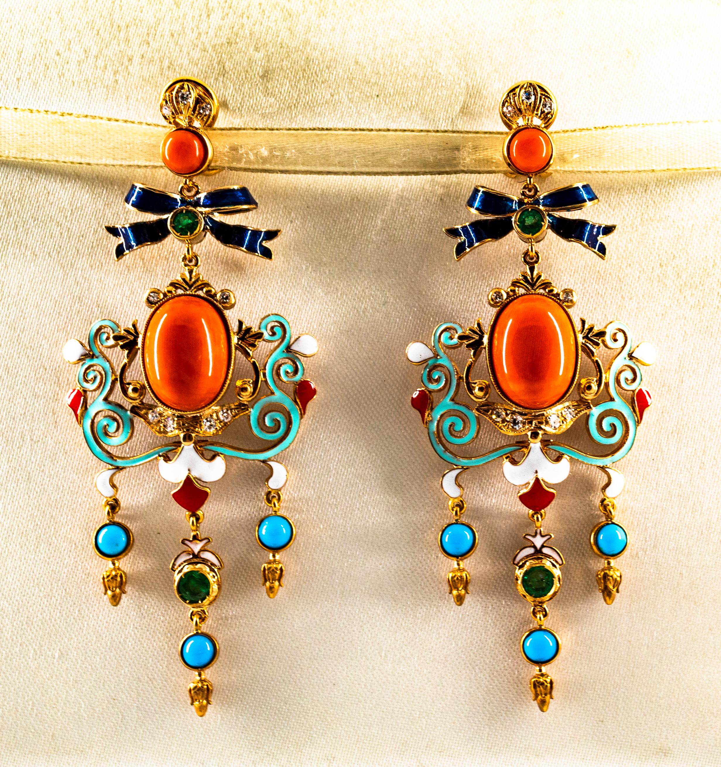 These Earrings are made of 9K Yellow Gold.
These Earrings have  0.30 Carats of White Modern Round Cut Diamonds.
These Earrings have 0.50 Carats of Emeralds.
These Earrings have Mediterranean (Sardinia, Italy) Red Coral and Turquoise.
These Earrings