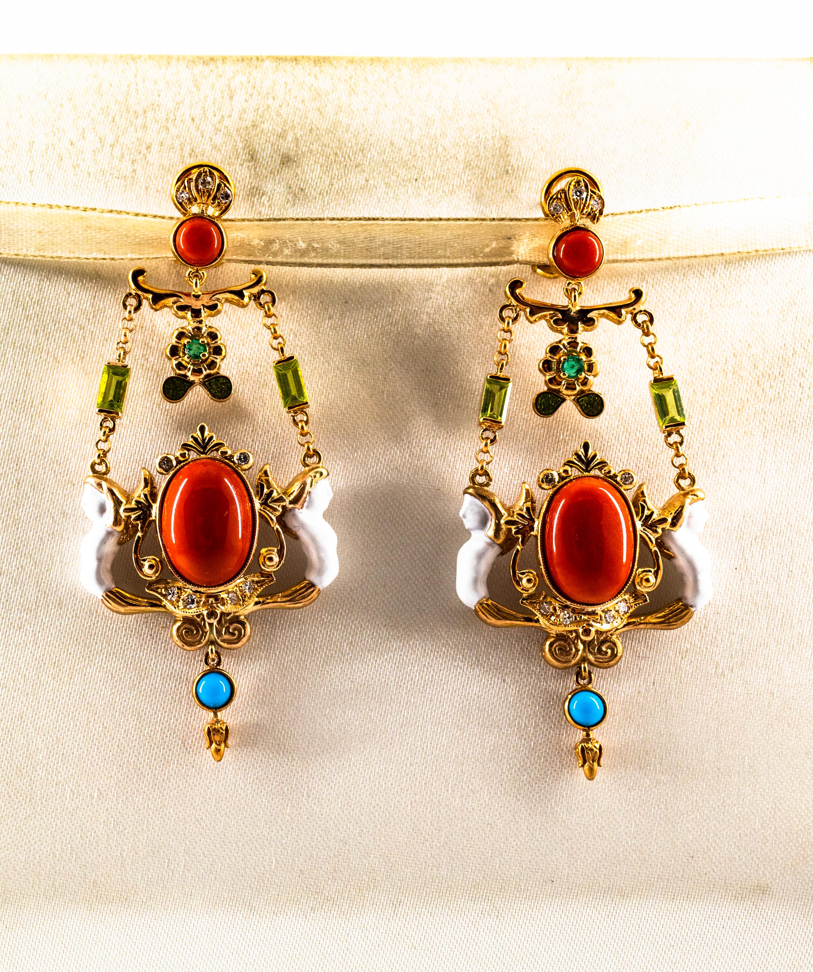 Brilliant Cut Art Nouveau White Diamond Emerald Coral Turquoise Yellow Gold Clip-On Earrings