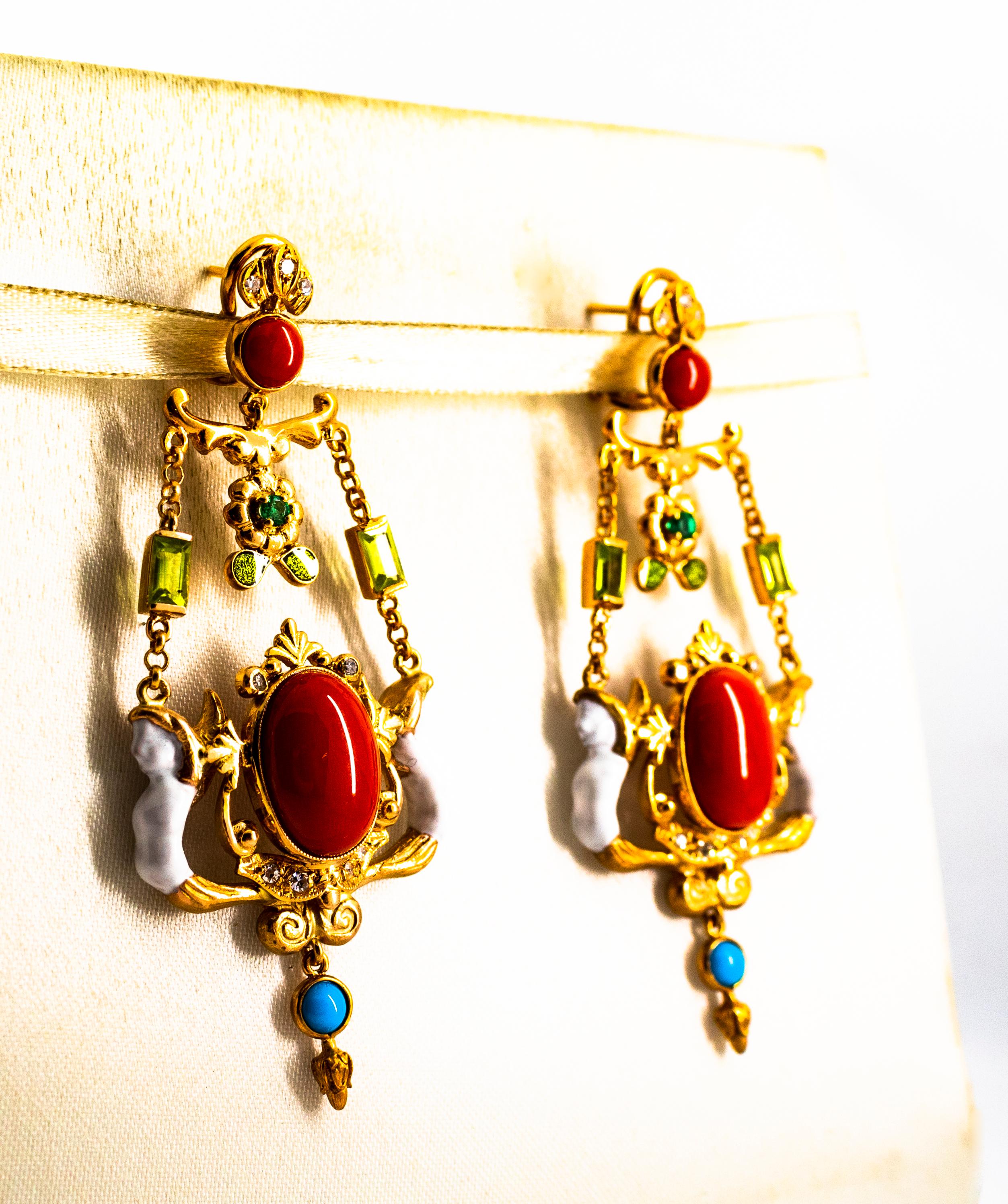 Art Nouveau White Diamond Emerald Coral Turquoise Yellow Gold Clip-On Earrings In New Condition In Naples, IT