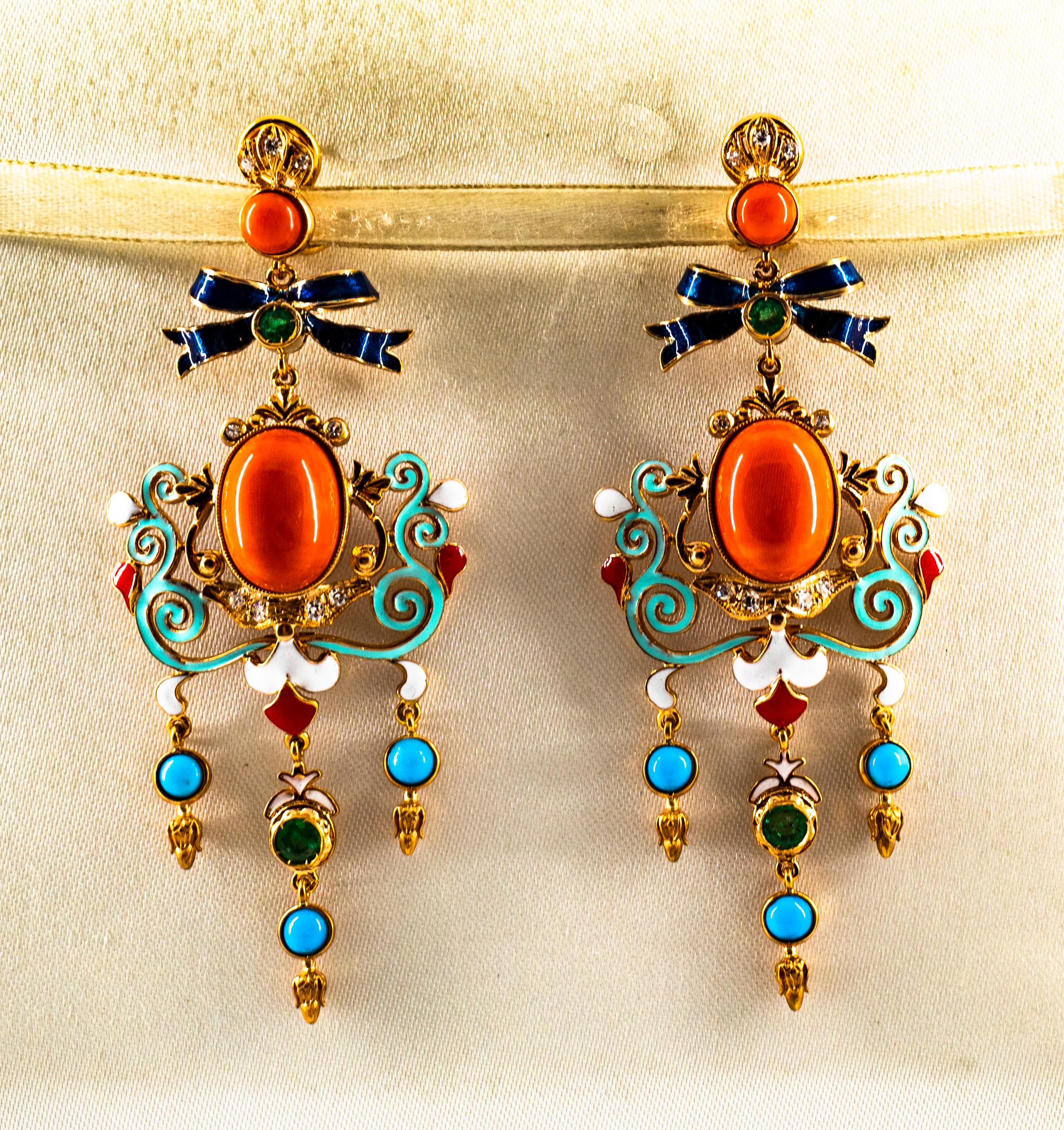 Women's or Men's Art Nouveau White Diamond Emerald Coral Turquoise Yellow Gold Clip-On Earrings For Sale