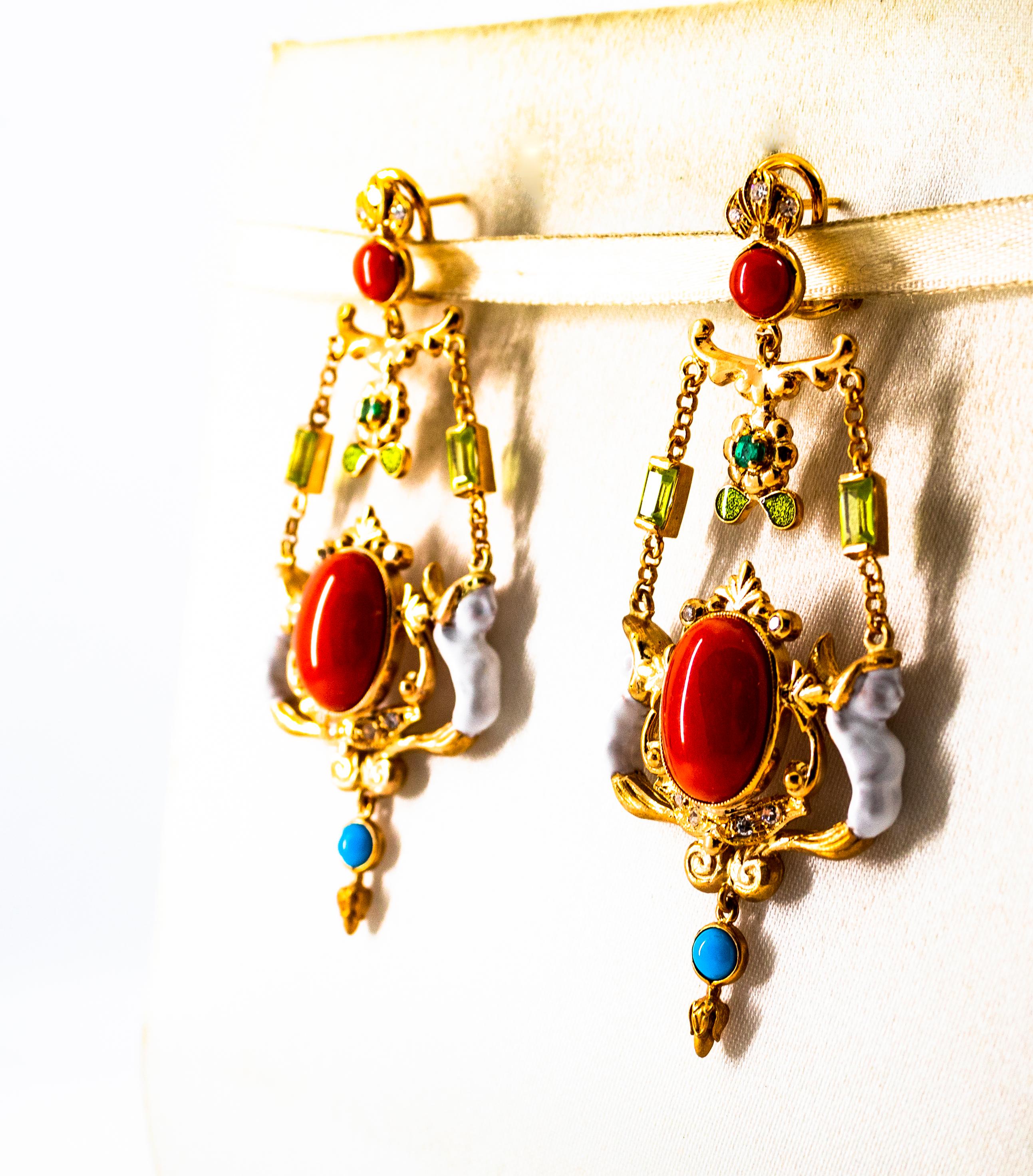 Women's or Men's Art Nouveau White Diamond Emerald Coral Turquoise Yellow Gold Clip-On Earrings For Sale