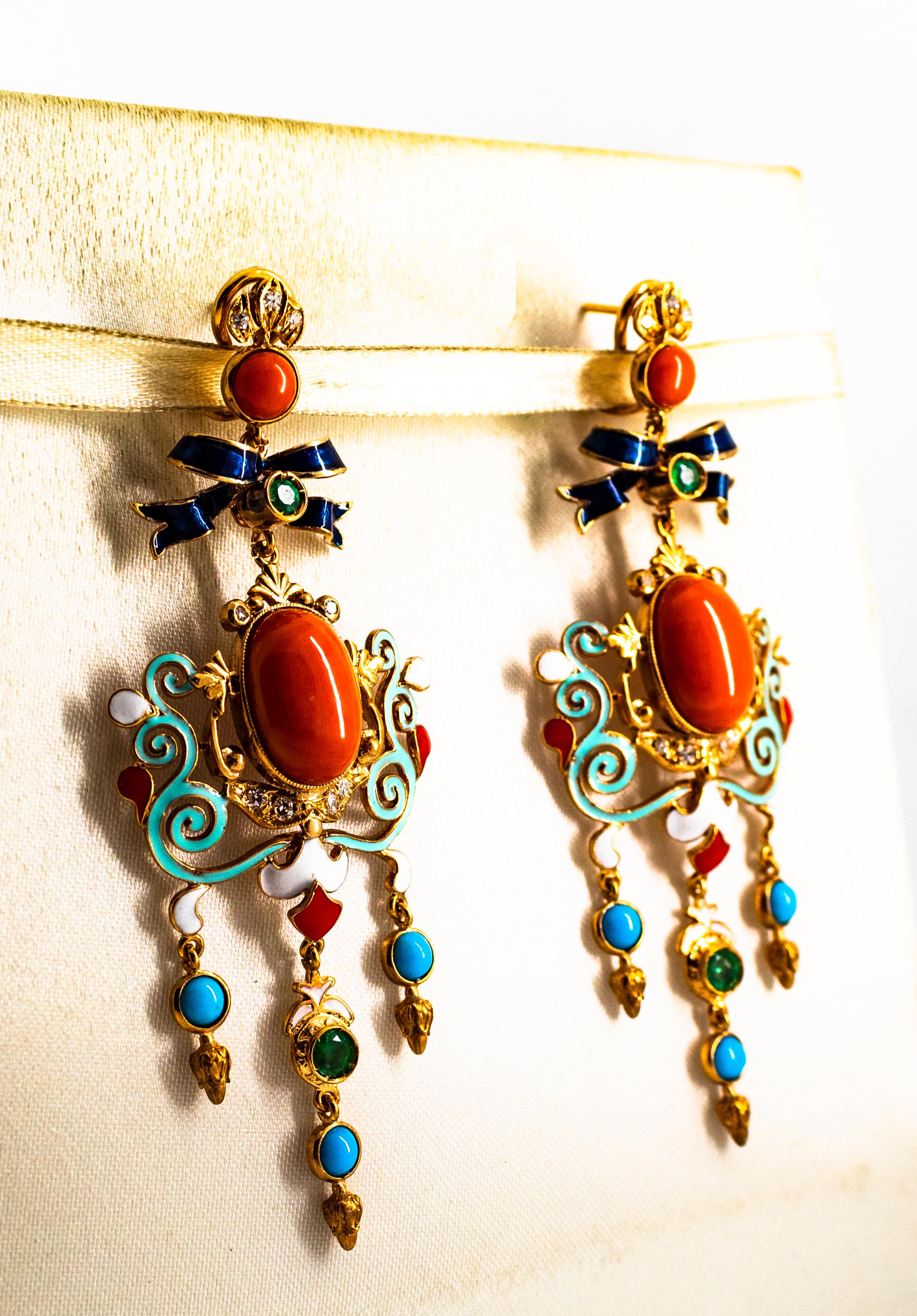 Art Nouveau White Diamond Emerald Coral Turquoise Yellow Gold Clip-On Earrings For Sale 1