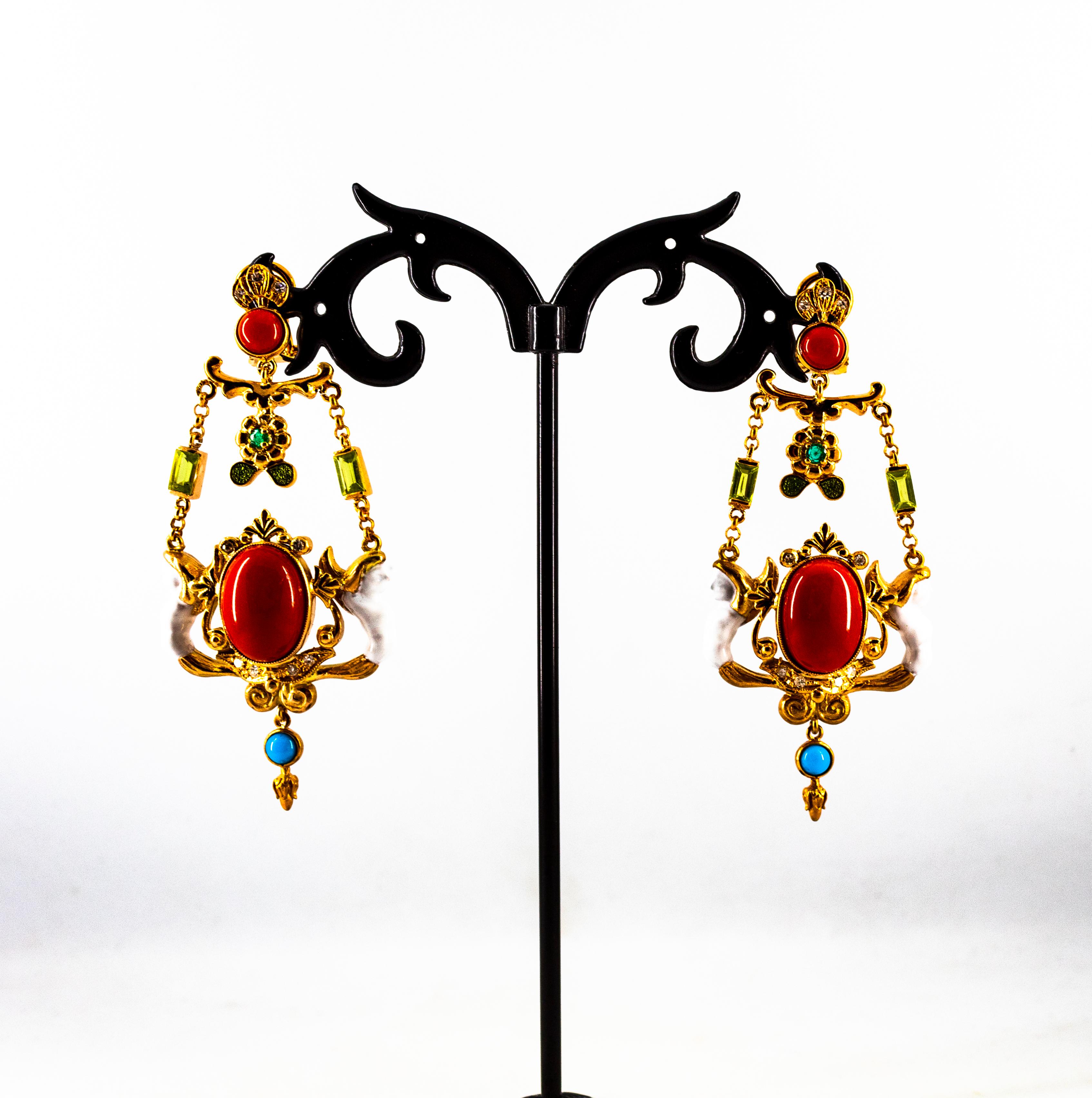 Art Nouveau White Diamond Emerald Coral Turquoise Yellow Gold Clip-On Earrings 1