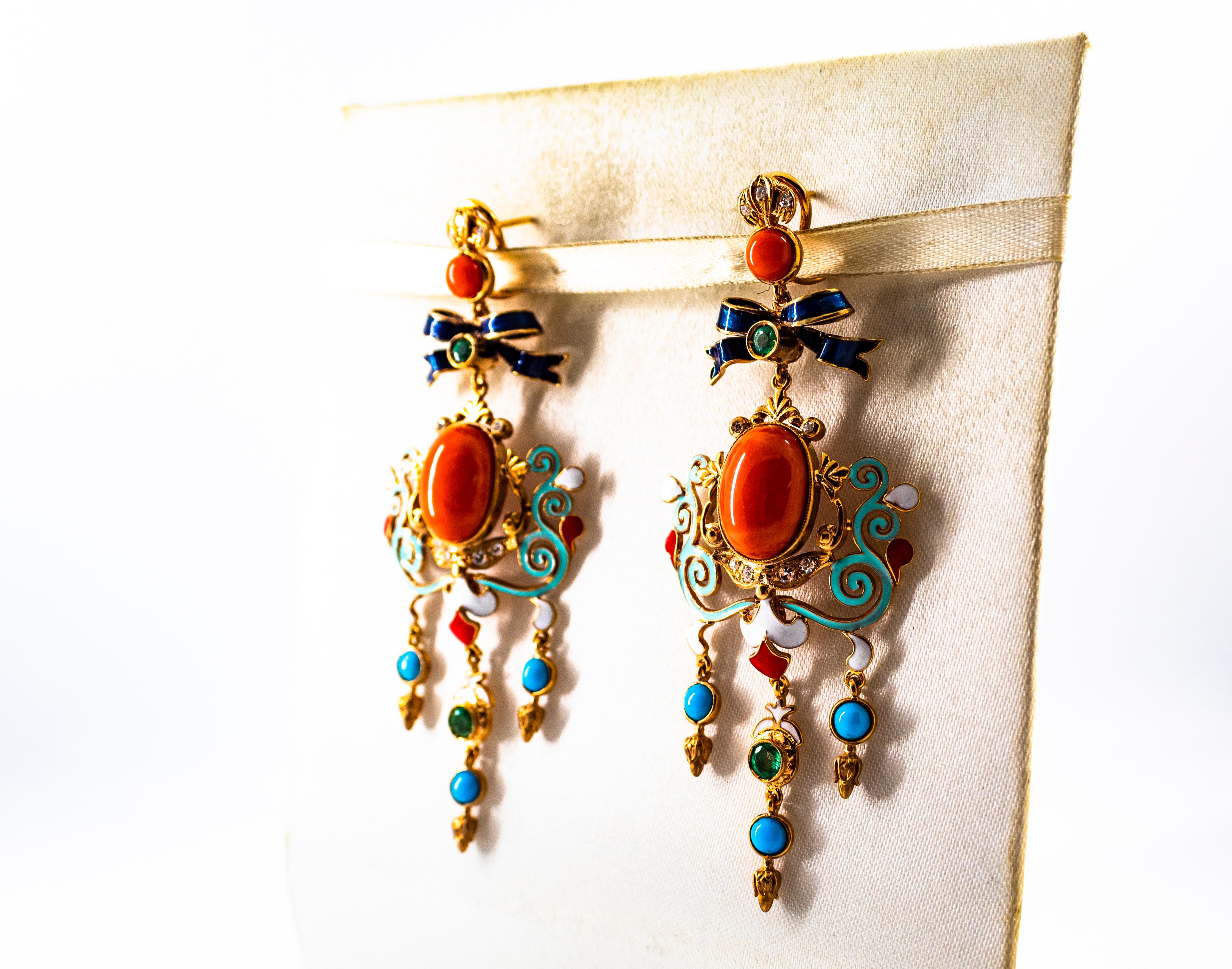 Art Nouveau White Diamond Emerald Coral Turquoise Yellow Gold Clip-On Earrings For Sale 2