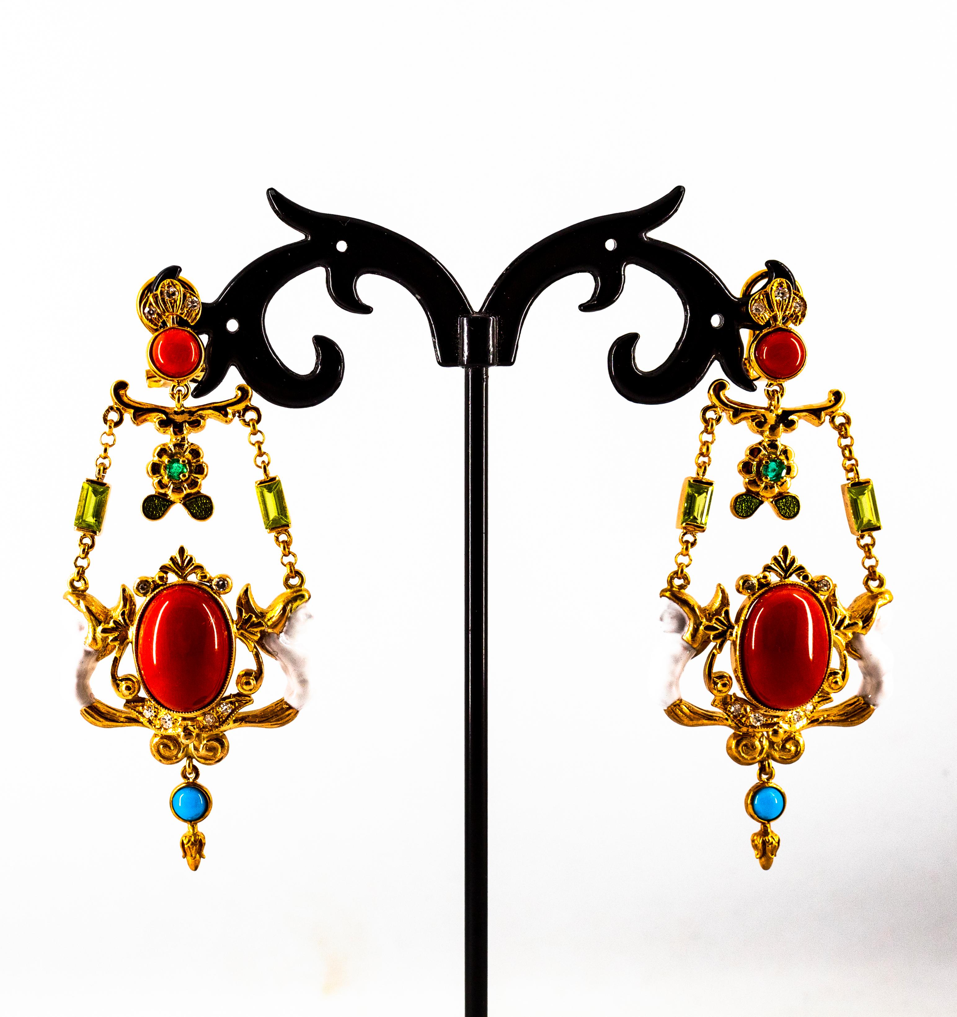 Art Nouveau White Diamond Emerald Coral Turquoise Yellow Gold Clip-On Earrings 2