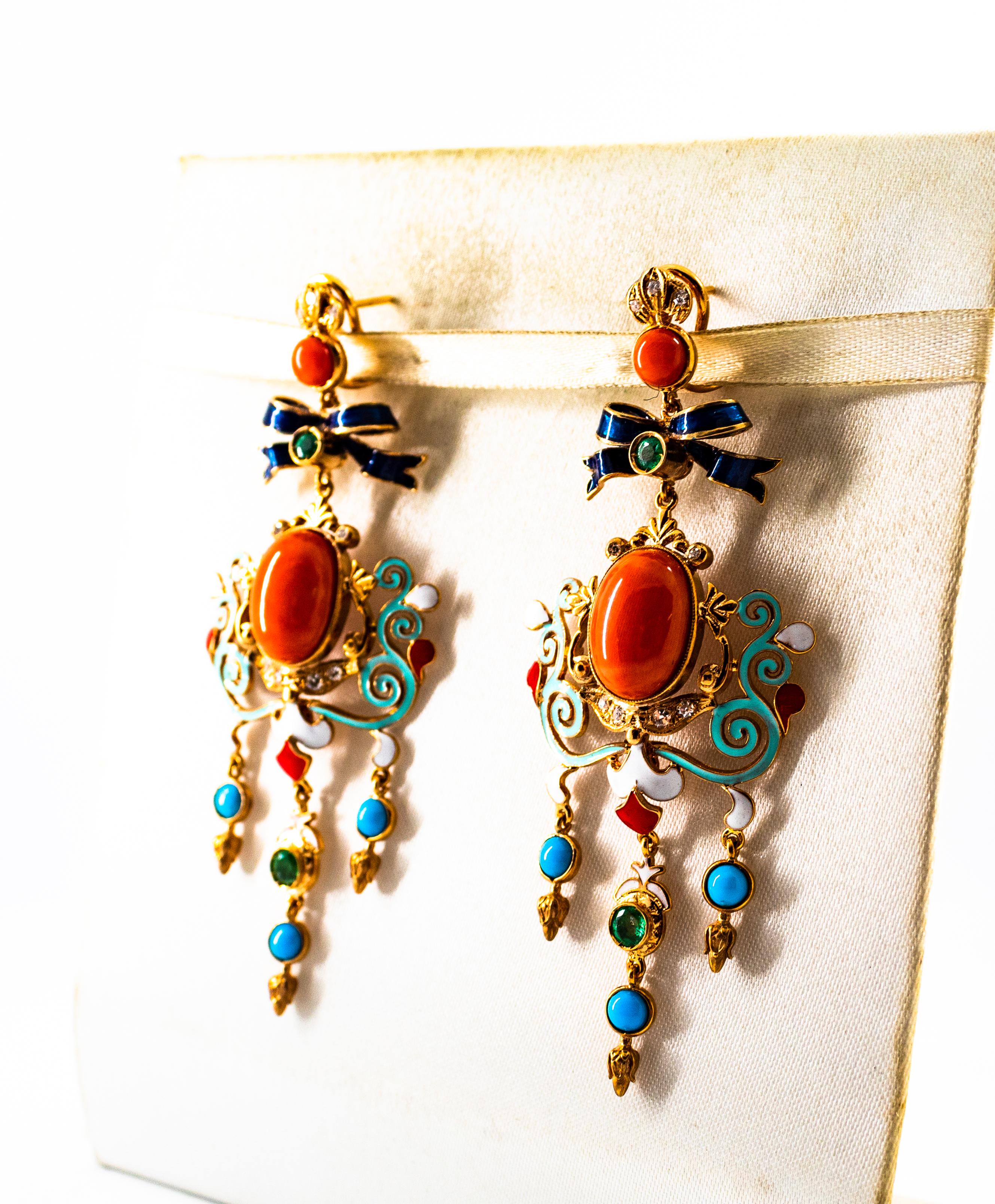 Art Nouveau White Diamond Emerald Coral Turquoise Yellow Gold Clip-On Earrings For Sale 3