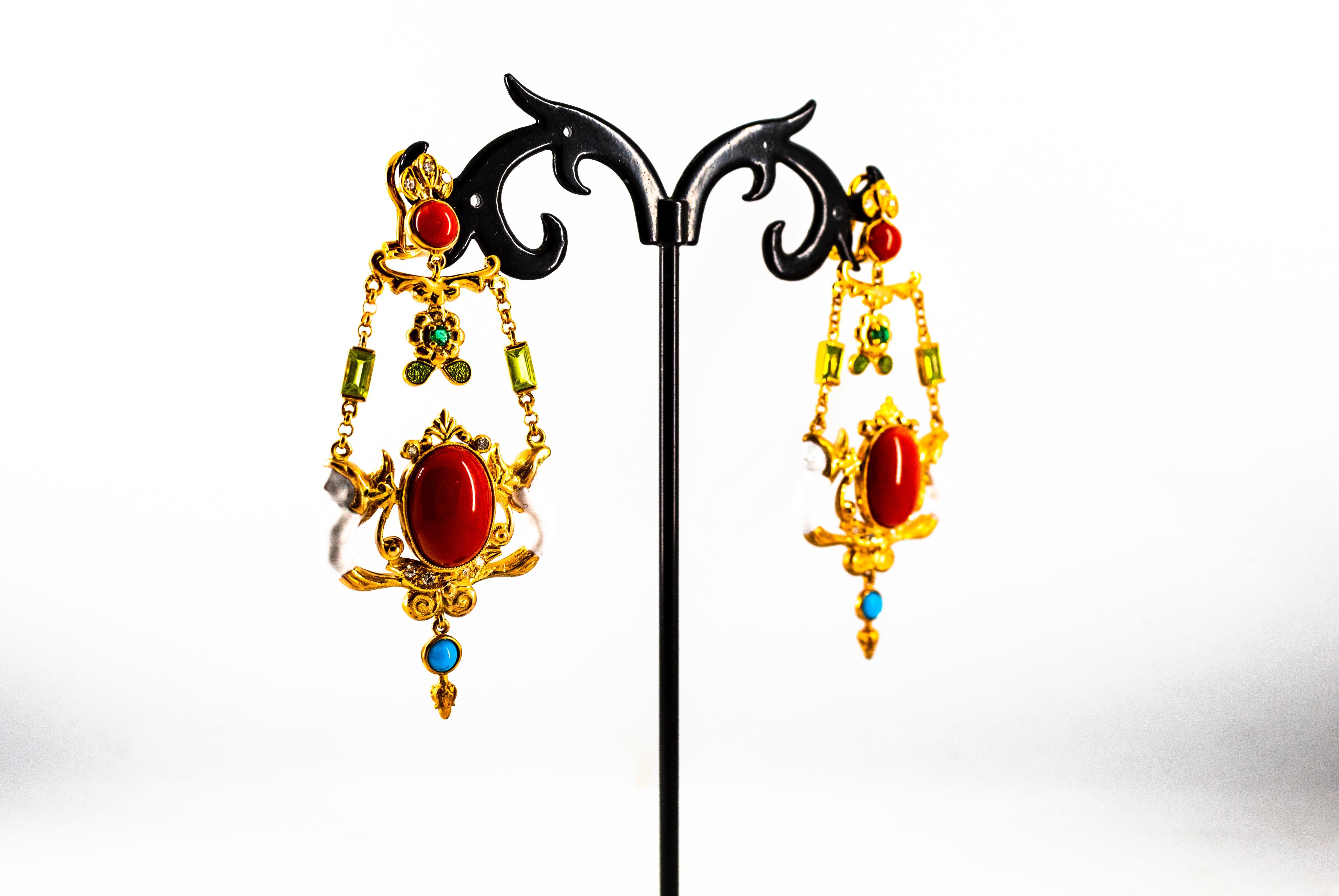Art Nouveau White Diamond Emerald Coral Turquoise Yellow Gold Clip-On Earrings 3
