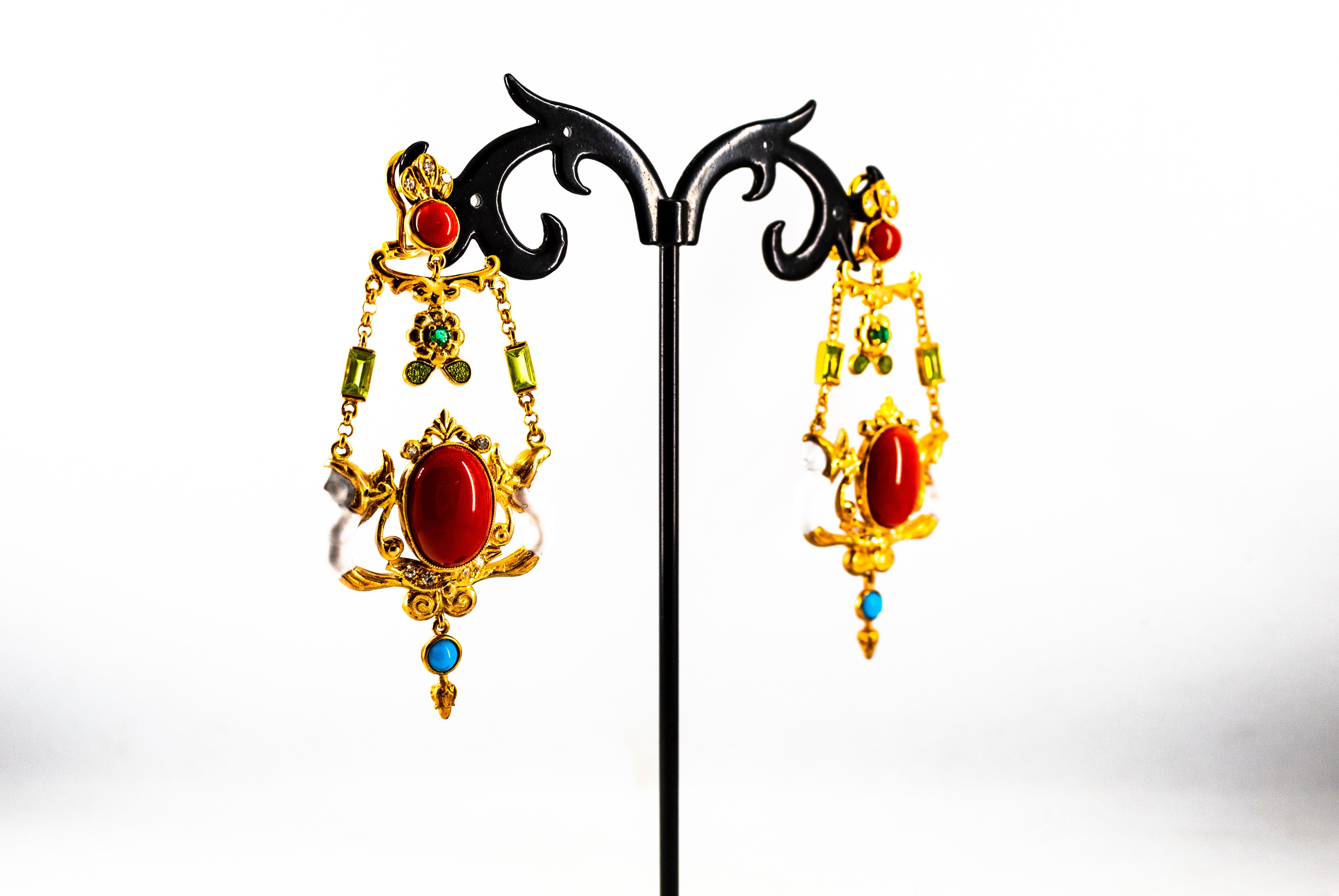 Art Nouveau White Diamond Emerald Coral Turquoise Yellow Gold Clip-On Earrings For Sale 3