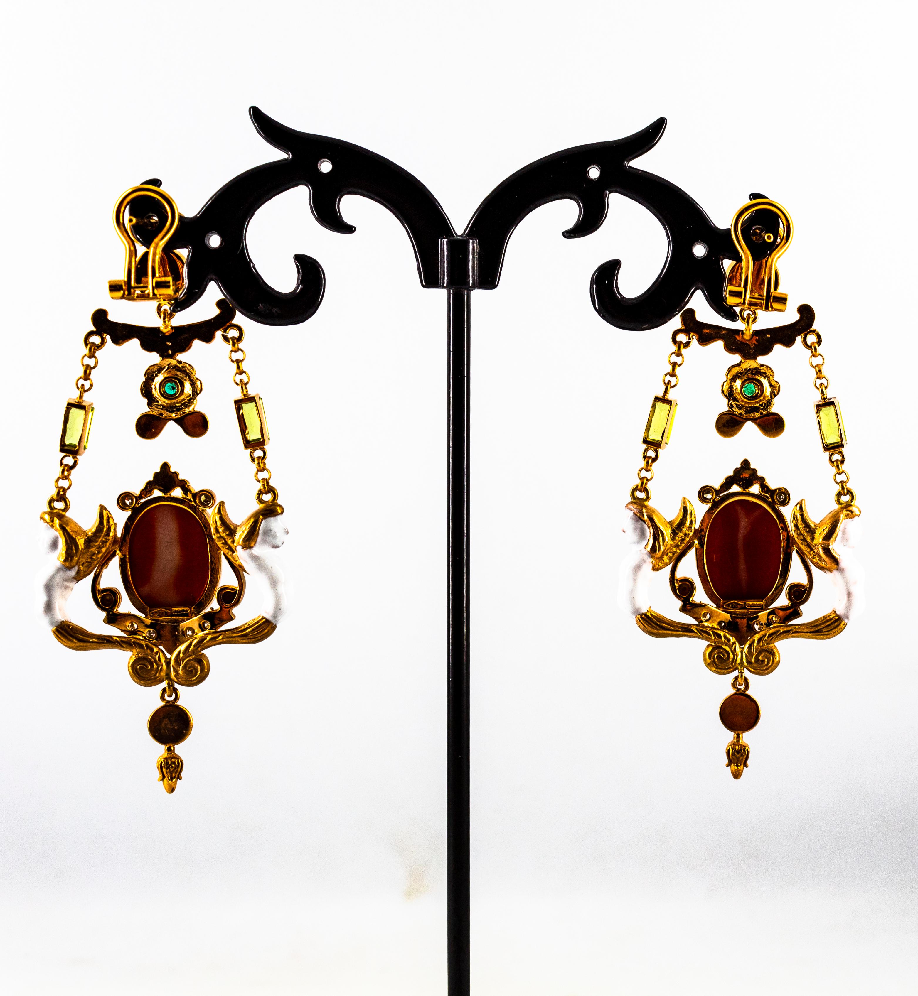 Art Nouveau White Diamond Emerald Coral Turquoise Yellow Gold Clip-On Earrings For Sale 4