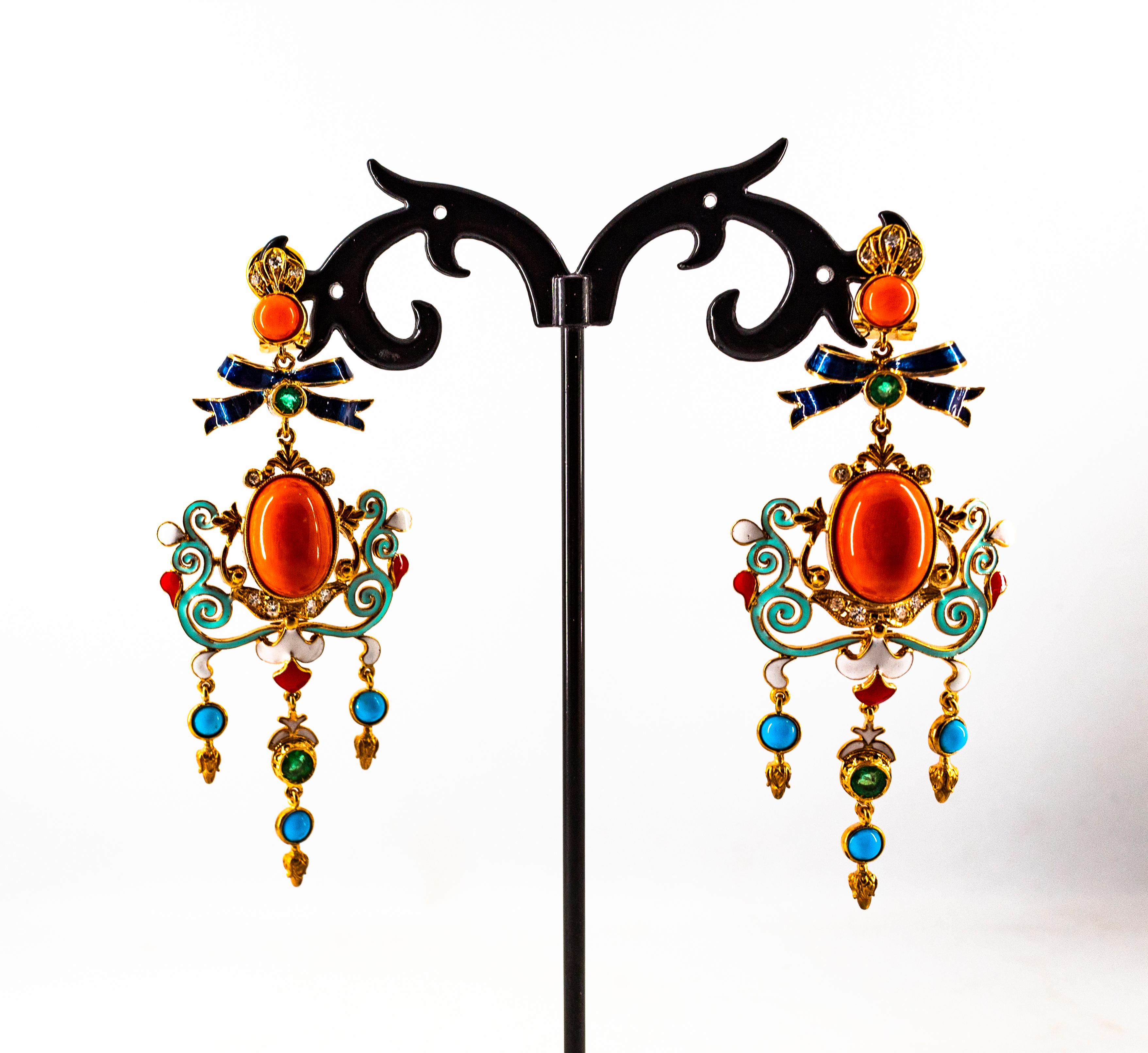 Art Nouveau White Diamond Emerald Coral Turquoise Yellow Gold Clip-On Earrings For Sale 5