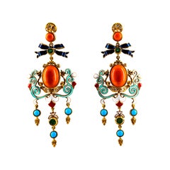 Art Nouveau White Diamond Emerald Coral Turquoise Yellow Gold Clip-On Earrings
