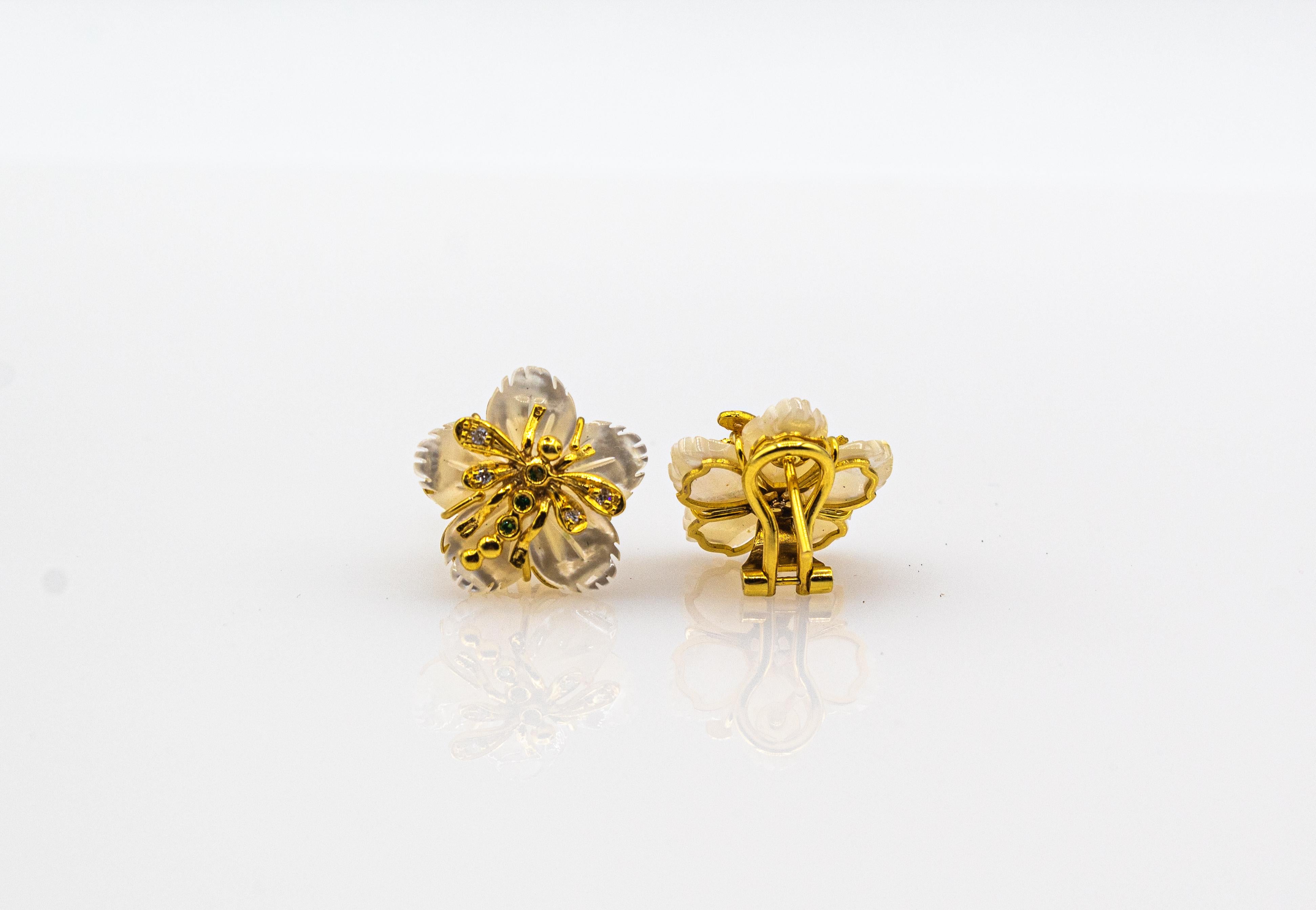 Art Nouveau White Diamond Emerald Mother of Pearl Yellow Gold Flowers Earrings 5
