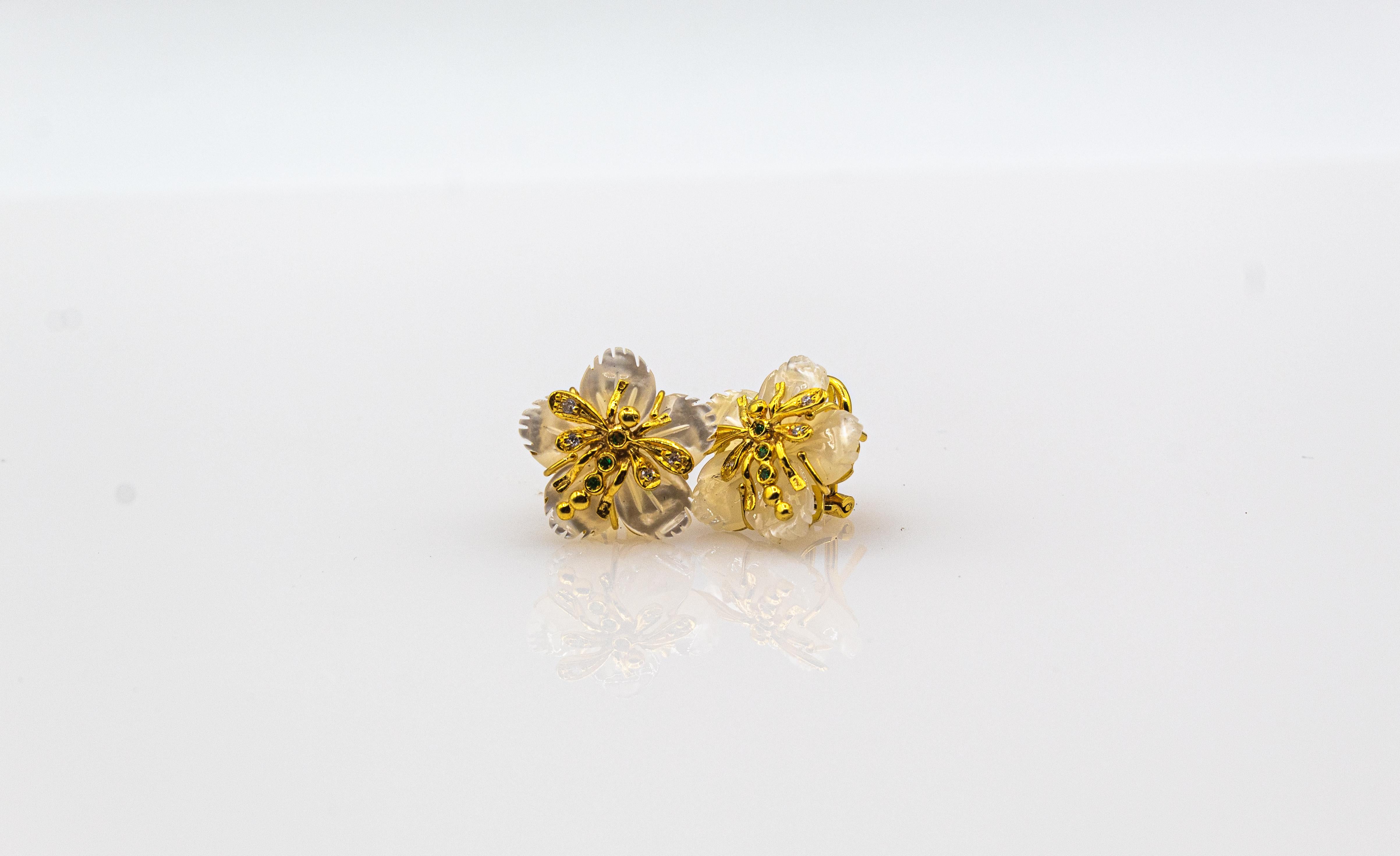 Art Nouveau White Diamond Emerald Mother of Pearl Yellow Gold Flowers Earrings 6