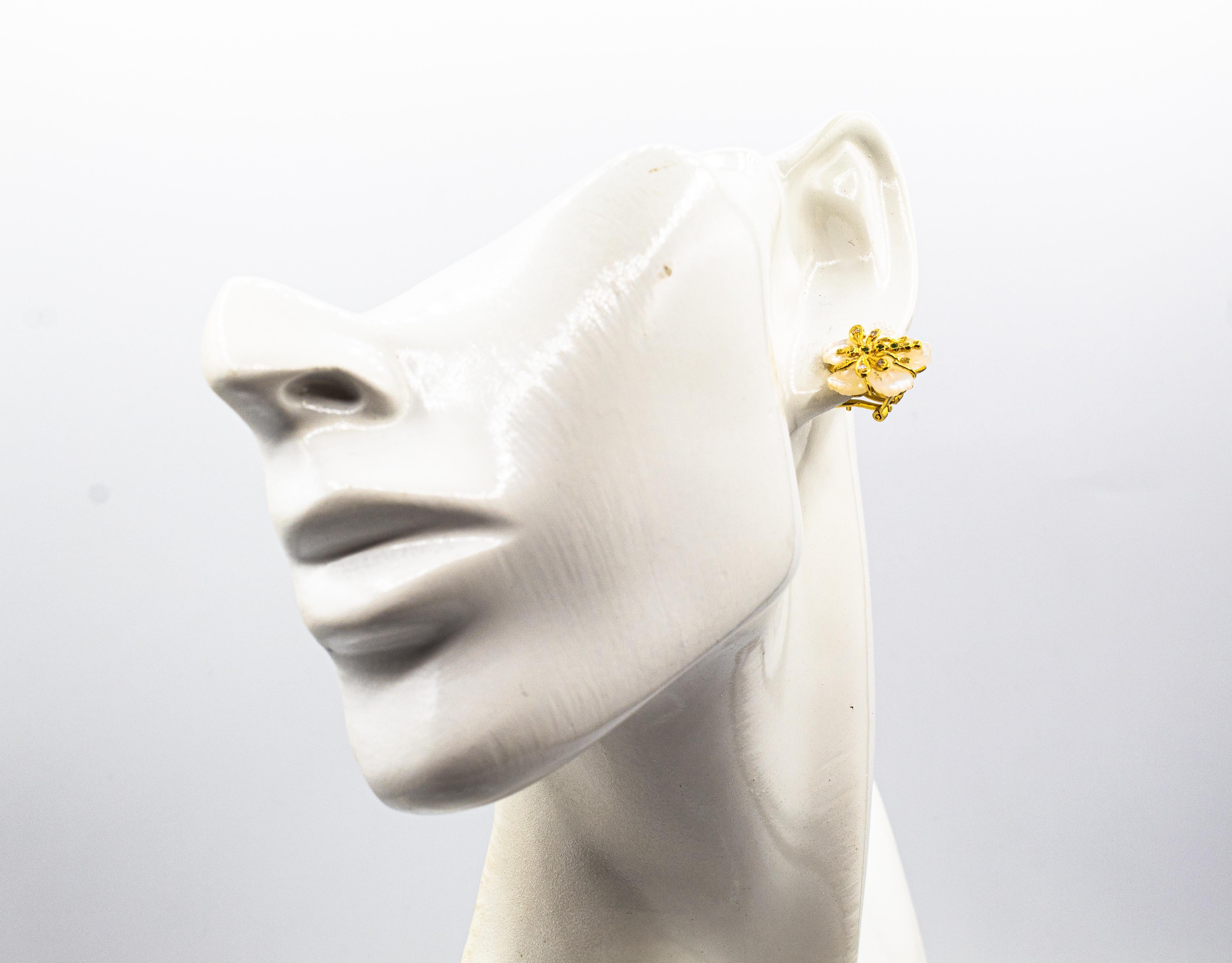 Art Nouveau White Diamond Emerald Mother of Pearl Yellow Gold Flowers Earrings 7