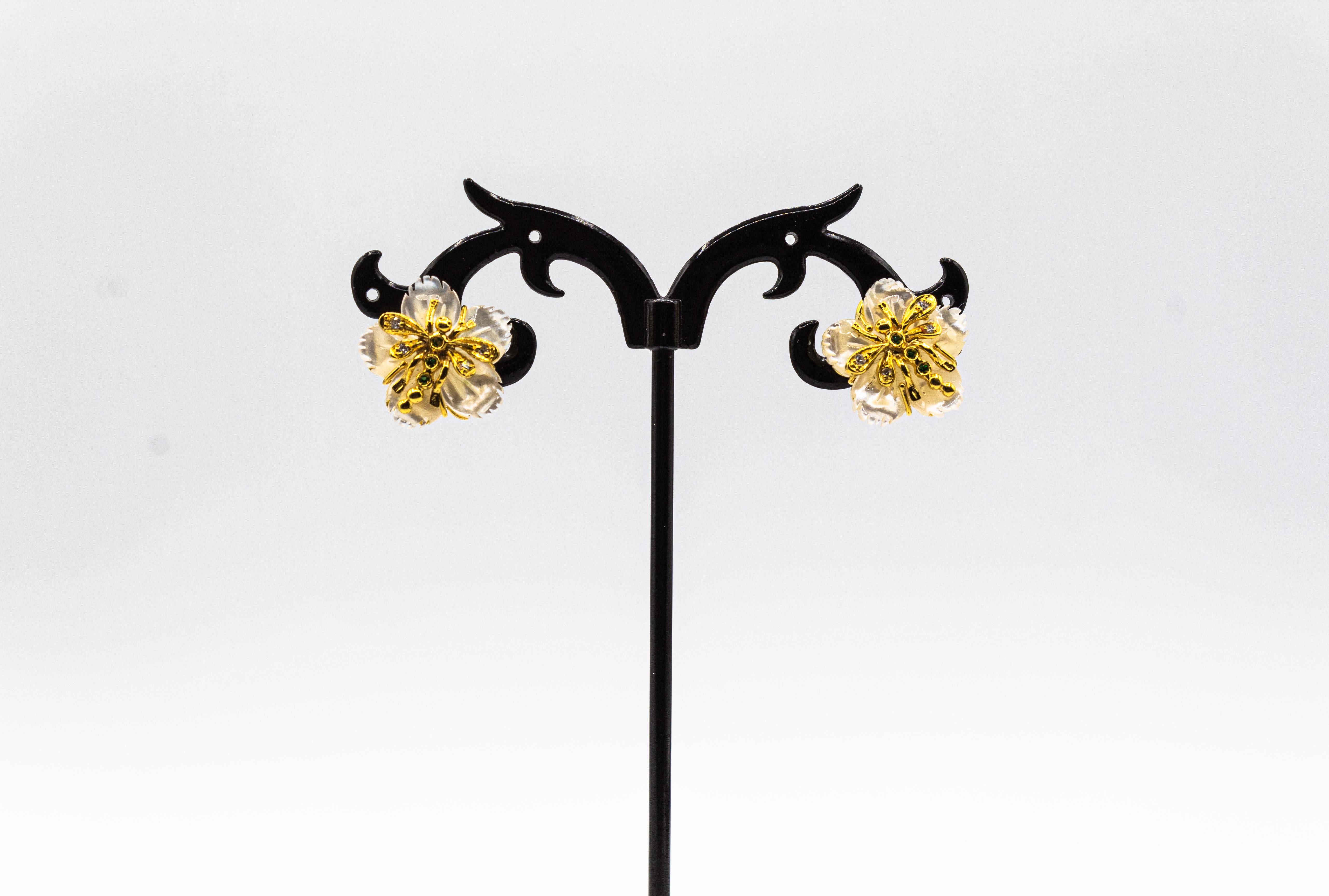 Brilliant Cut Art Nouveau White Diamond Emerald Mother of Pearl Yellow Gold Flowers Earrings