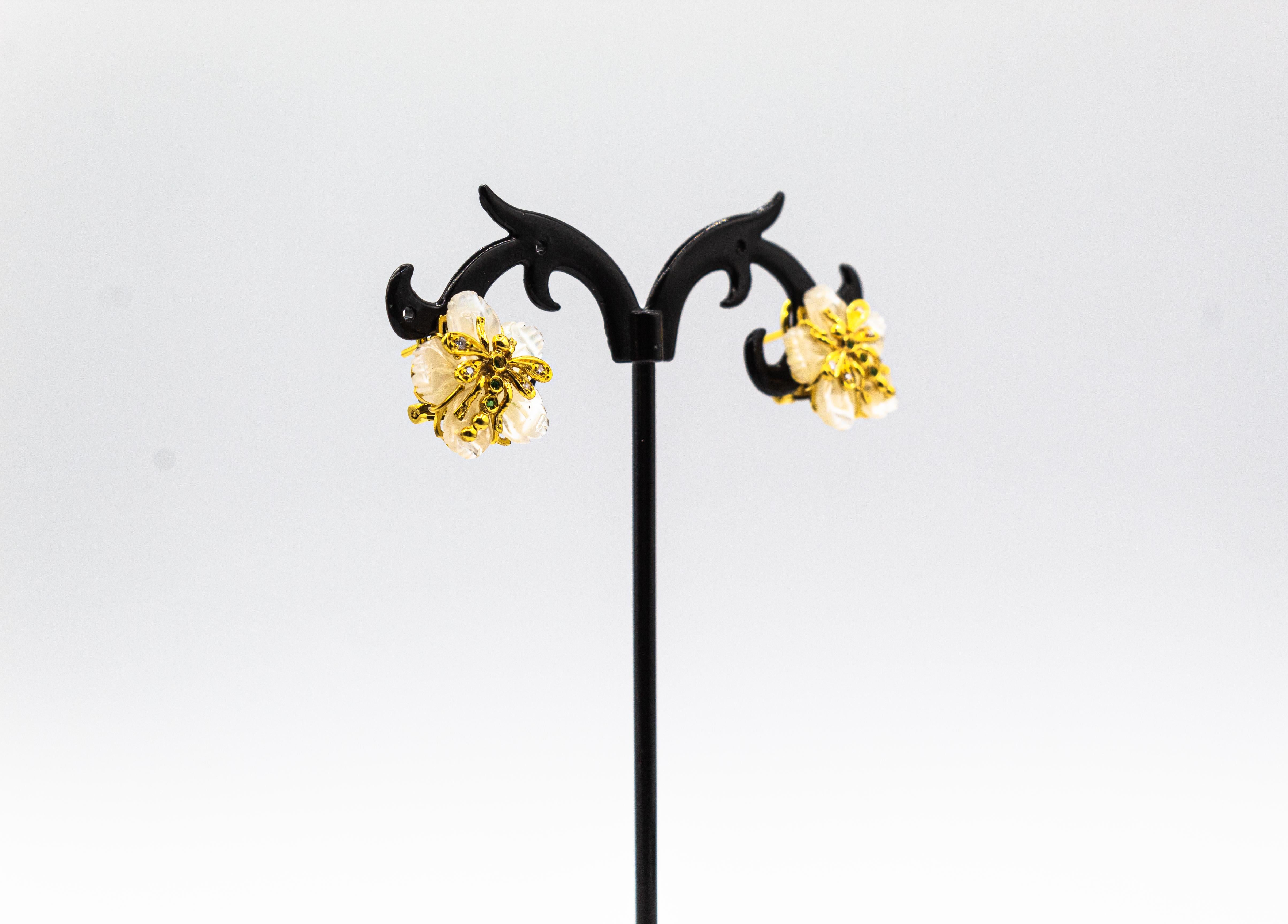 Women's or Men's Art Nouveau White Diamond Emerald Mother of Pearl Yellow Gold Flowers Earrings